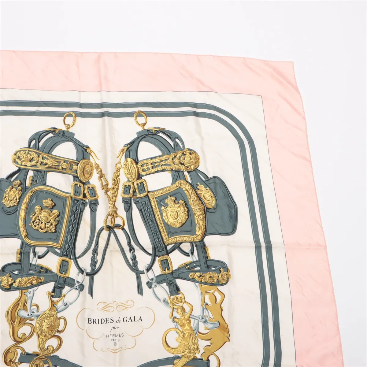 Carre 90 BRIDES de GALA Ceremonial Bridle Scarf, Silk, Pink. Shows wear, — view 3