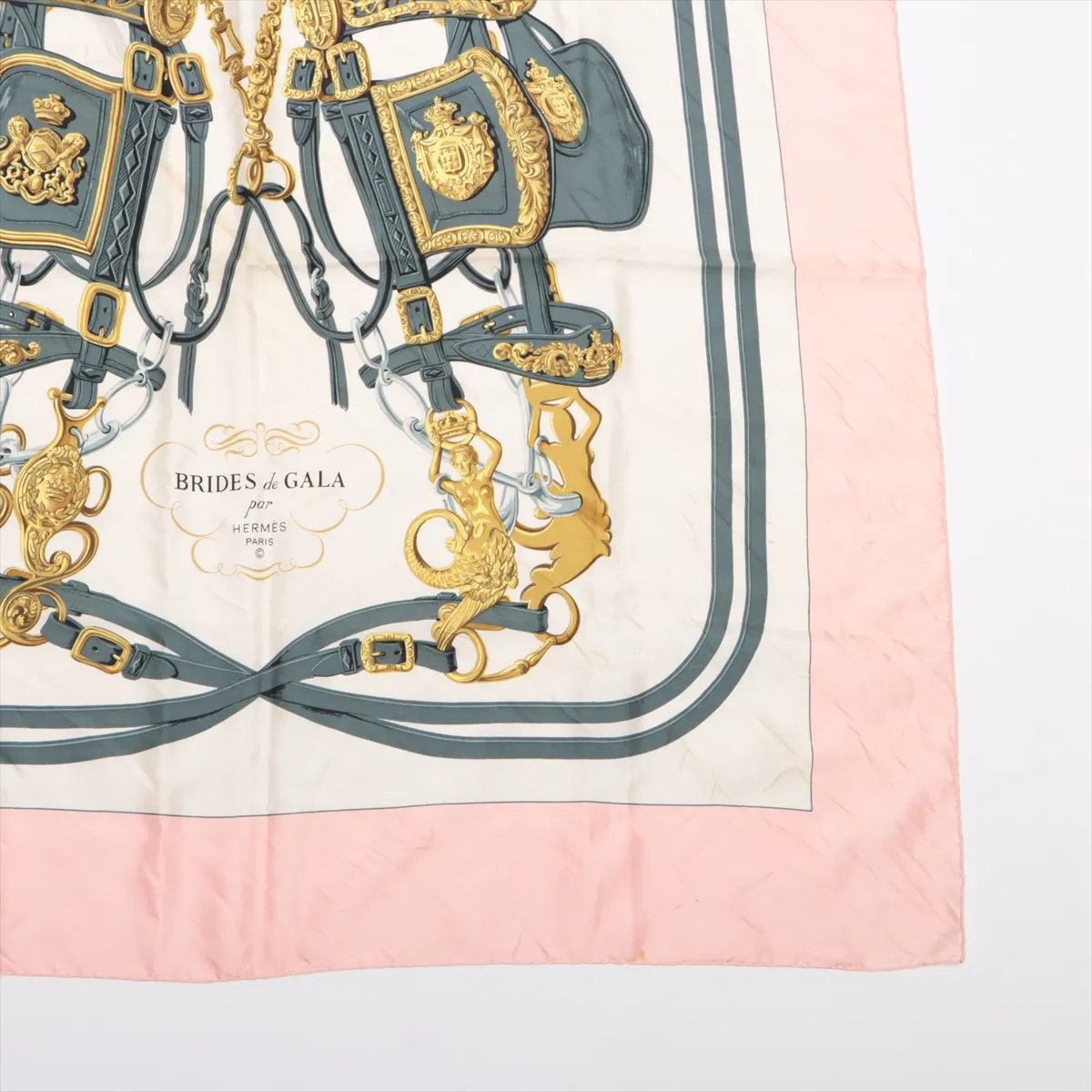 Carre 90 BRIDES de GALA Ceremonial Bridle Scarf, Silk, Pink. Shows wear, — view 4