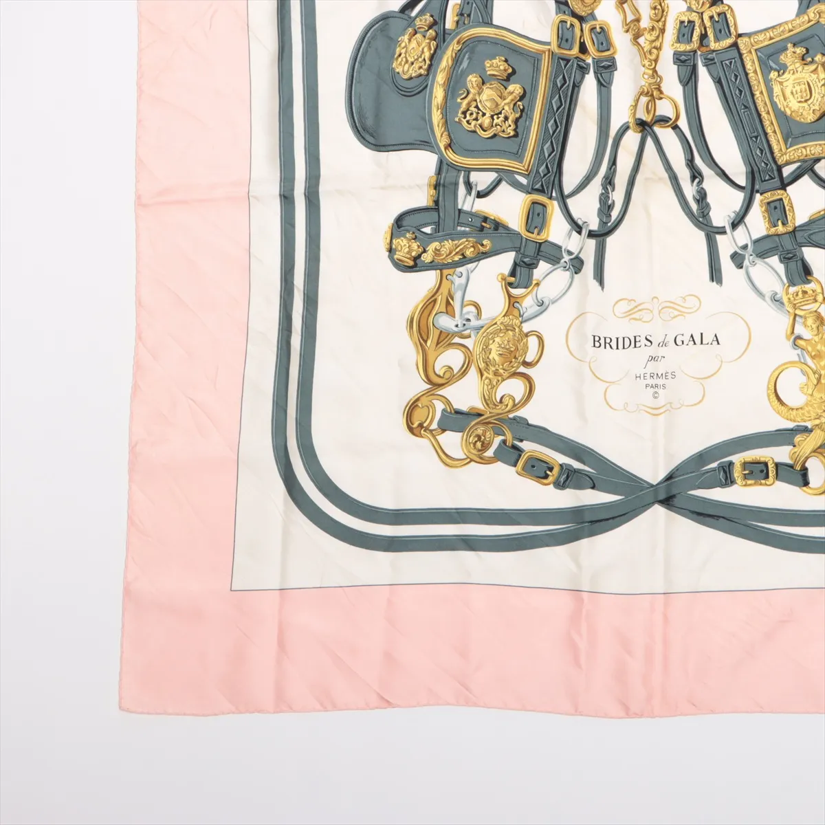 Carre 90 BRIDES de GALA Ceremonial Bridle Scarf, Silk, Pink. Shows wear, — view 5