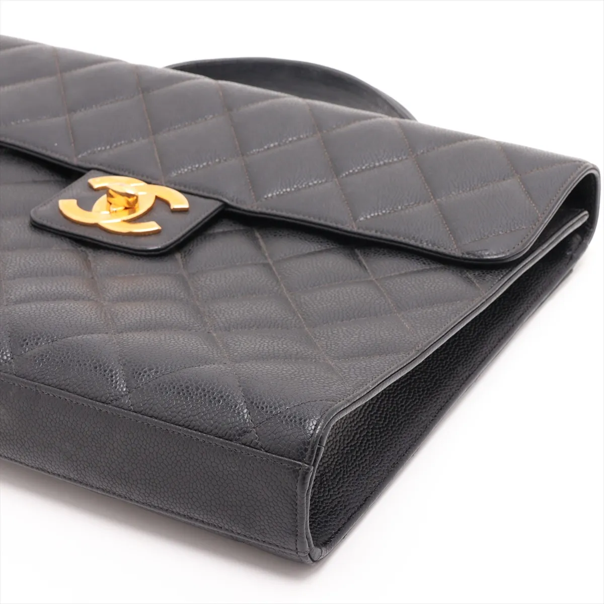 Matelassé Caviar Leather Business Bag, Black with Gold Hardware — view 3
