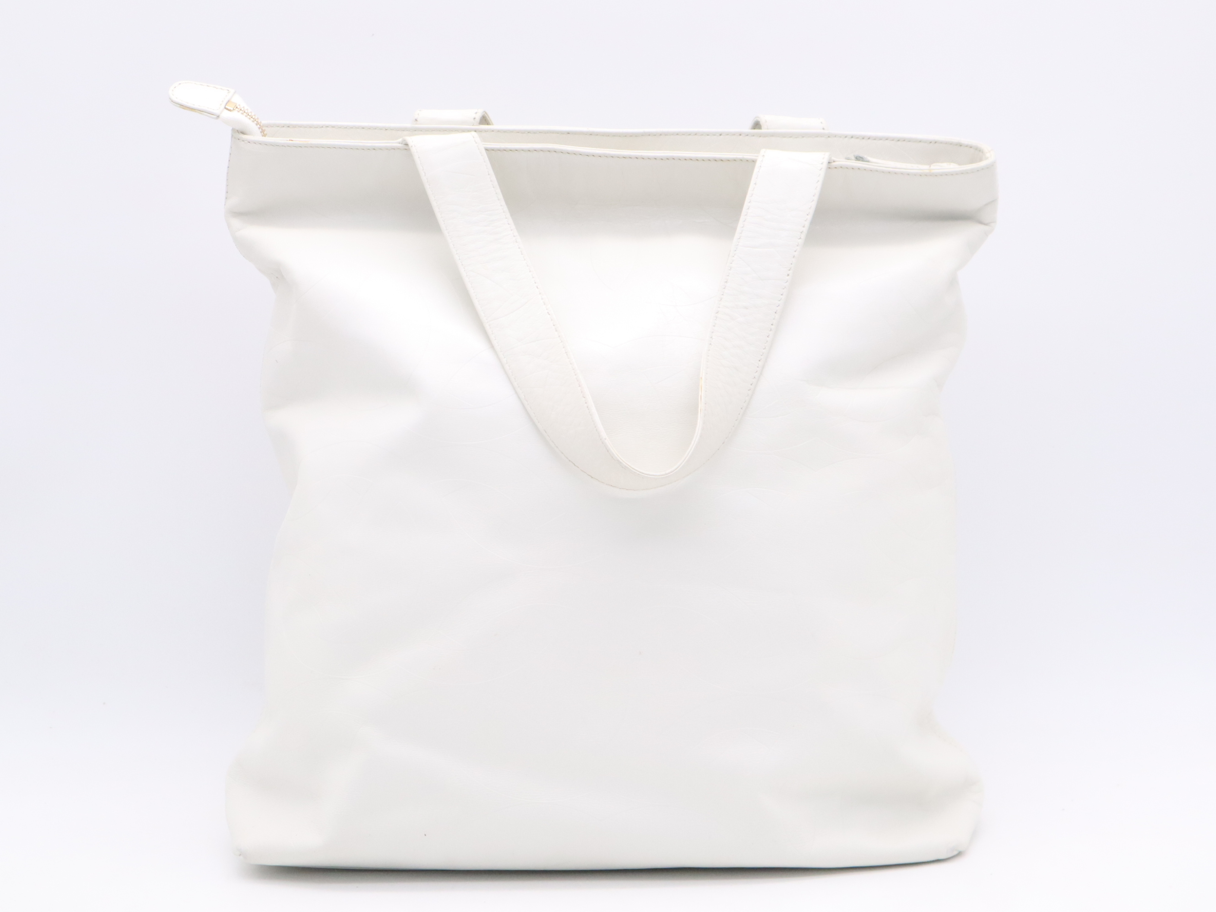 Leather Tote Bag with All-Over Logo, White, Gold Hardware, with Sticker — view 2