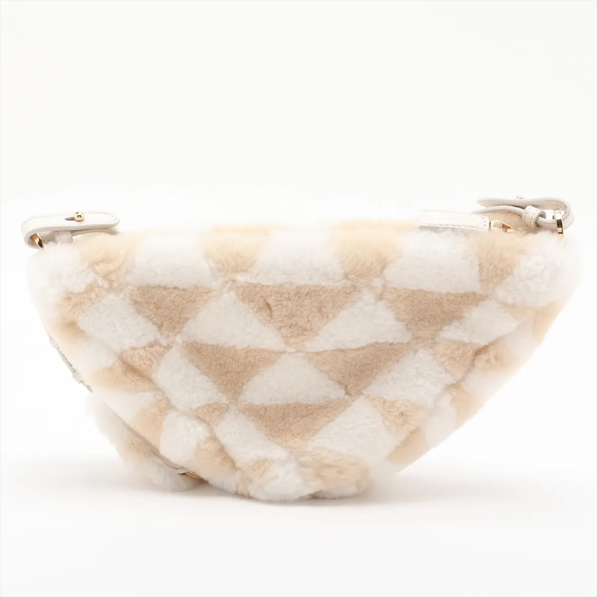 Triangle Fur and Leather Shoulder Bag, Beige and White — view 2