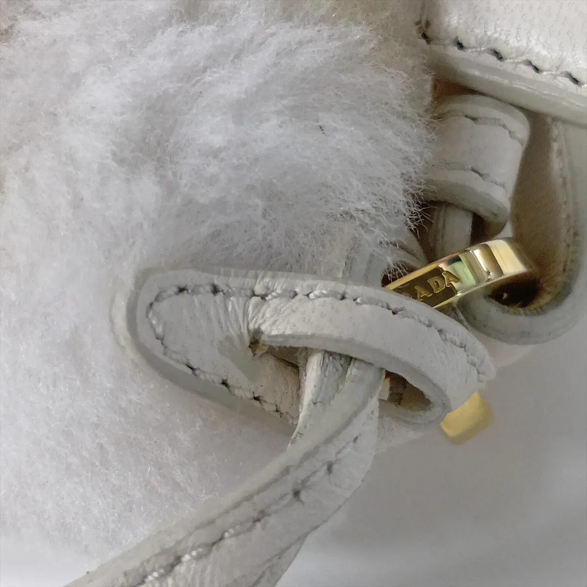 Triangle Fur and Leather Shoulder Bag, Beige and White — view 11