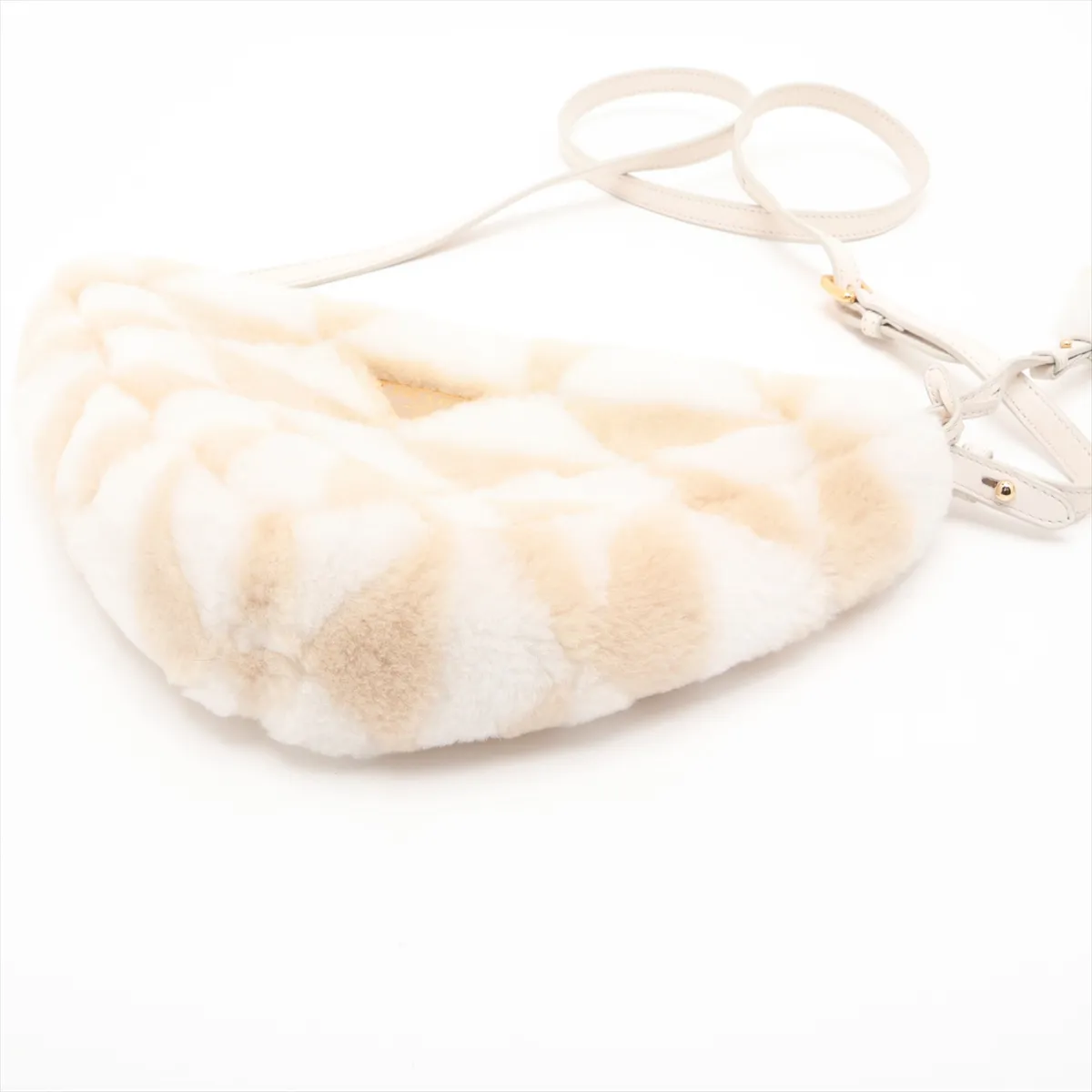 Triangle Fur and Leather Shoulder Bag, Beige and White — view 3