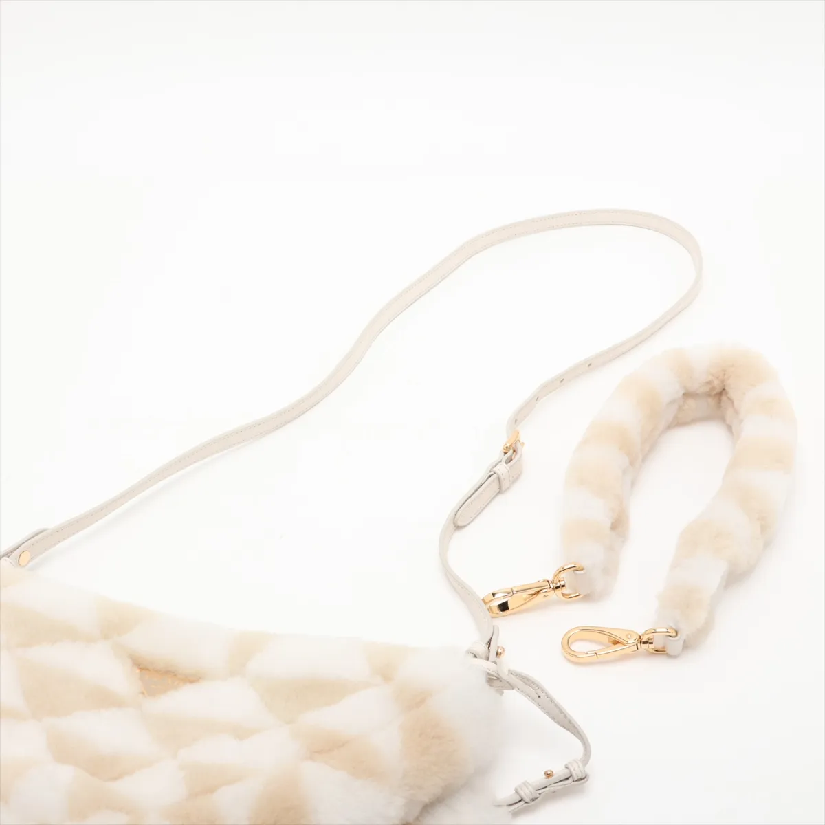 Triangle Fur and Leather Shoulder Bag, Beige and White — view 5