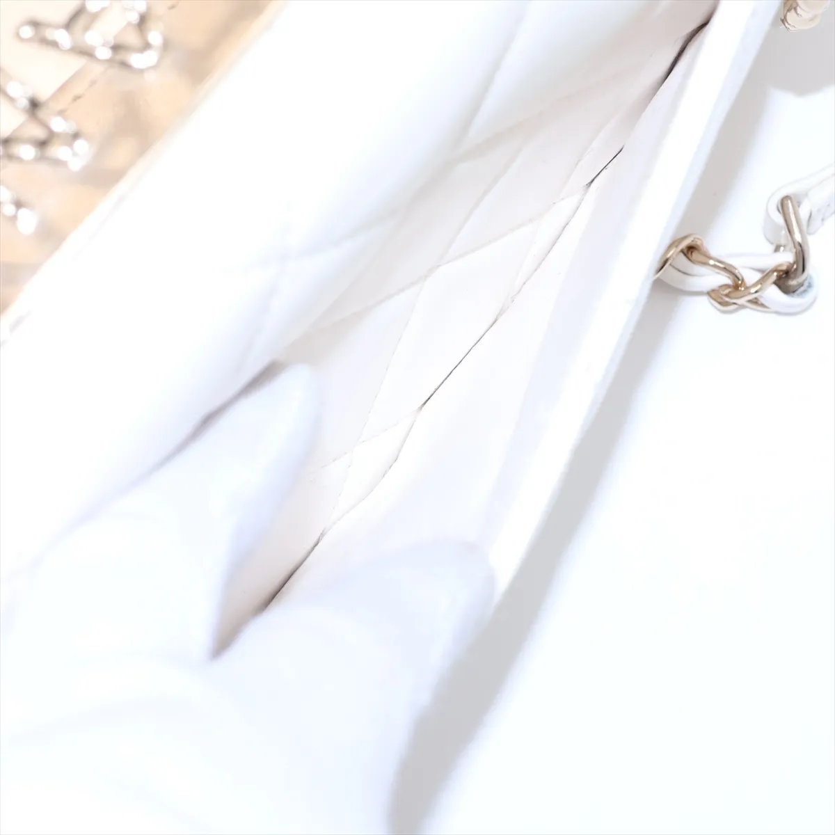 Trendy CC Lambskin 2-Way Shoulder Bag, White with Gold Hardware, C33J7KU8, Random Plate — view 13