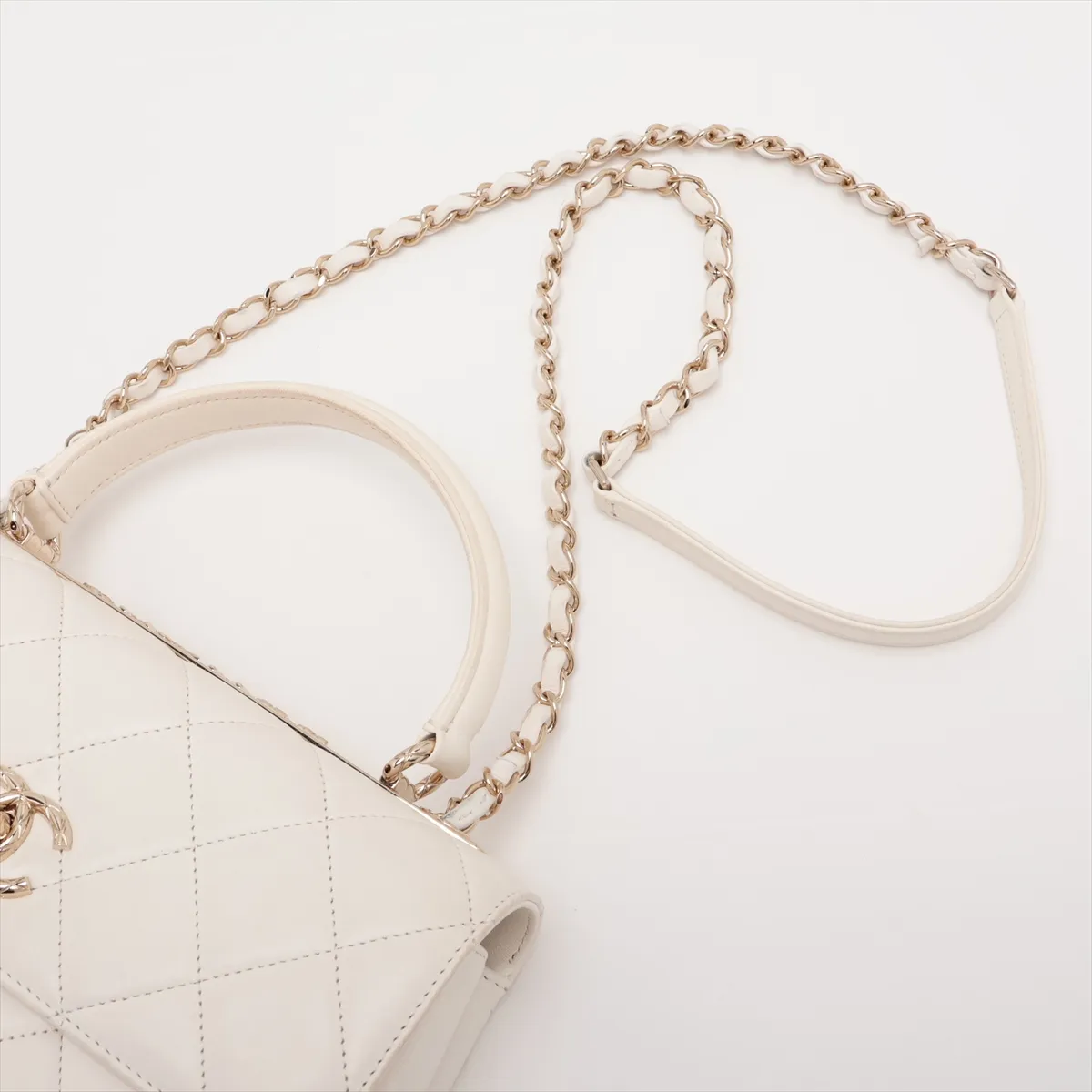 Trendy CC Lambskin 2-Way Shoulder Bag, White with Gold Hardware, C33J7KU8, Random Plate — view 7