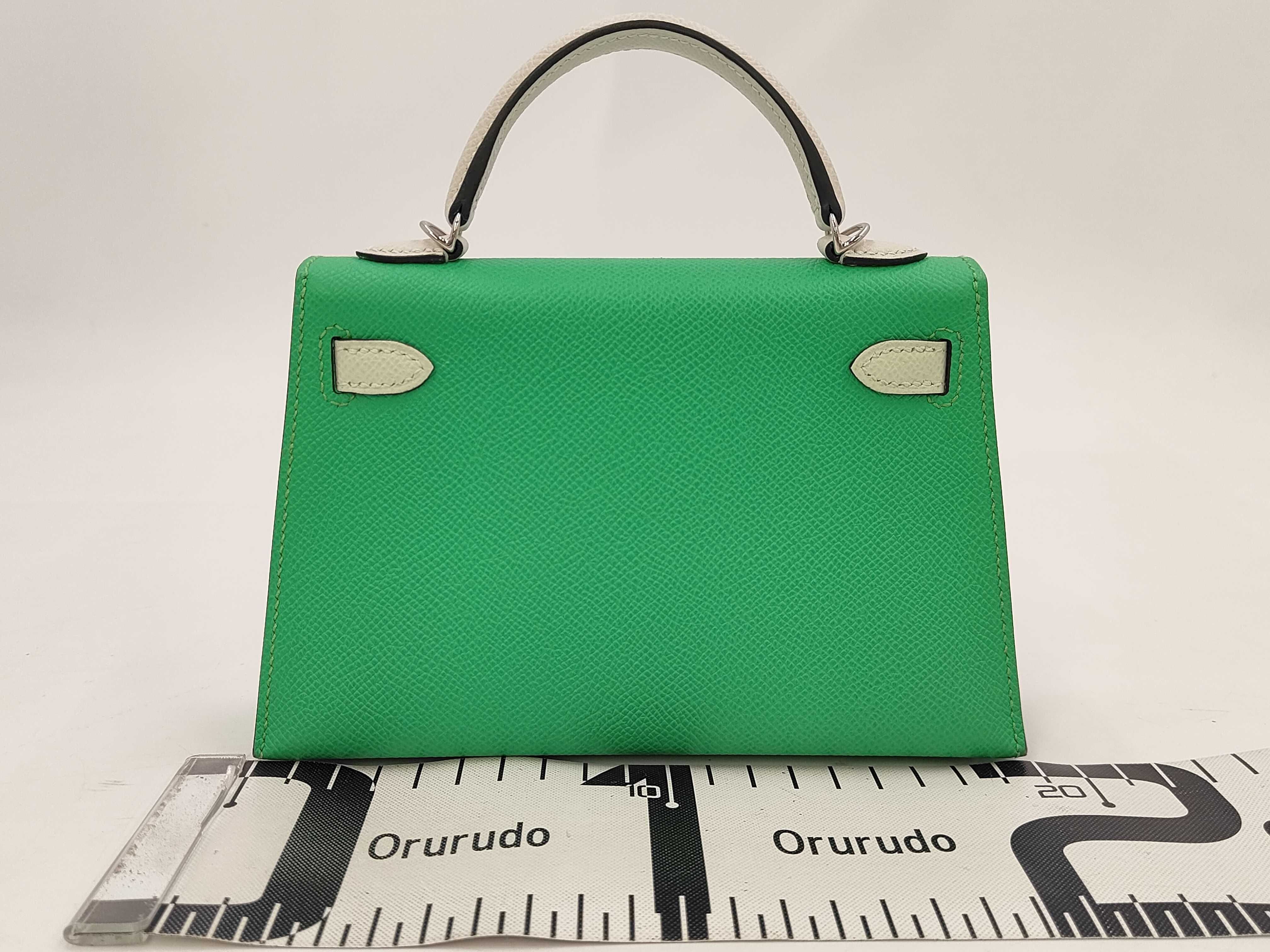 Mini Kelly 2 Tricolor Vert Comic/Vert Fizz/Gris Perle Epsom Leather, External Stitching, Silver Hardware, W Stamp, Handbag — view 2