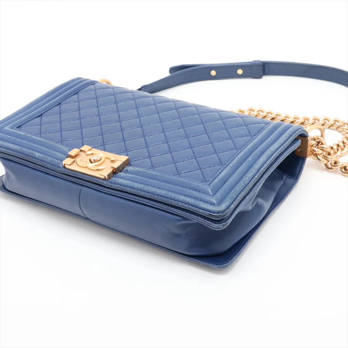 Boy Chanel 28 Large Lambskin Chain Shoulder Bag, Blue with Gold Hardware, 23324876, Serial Number , A92193 — view 3