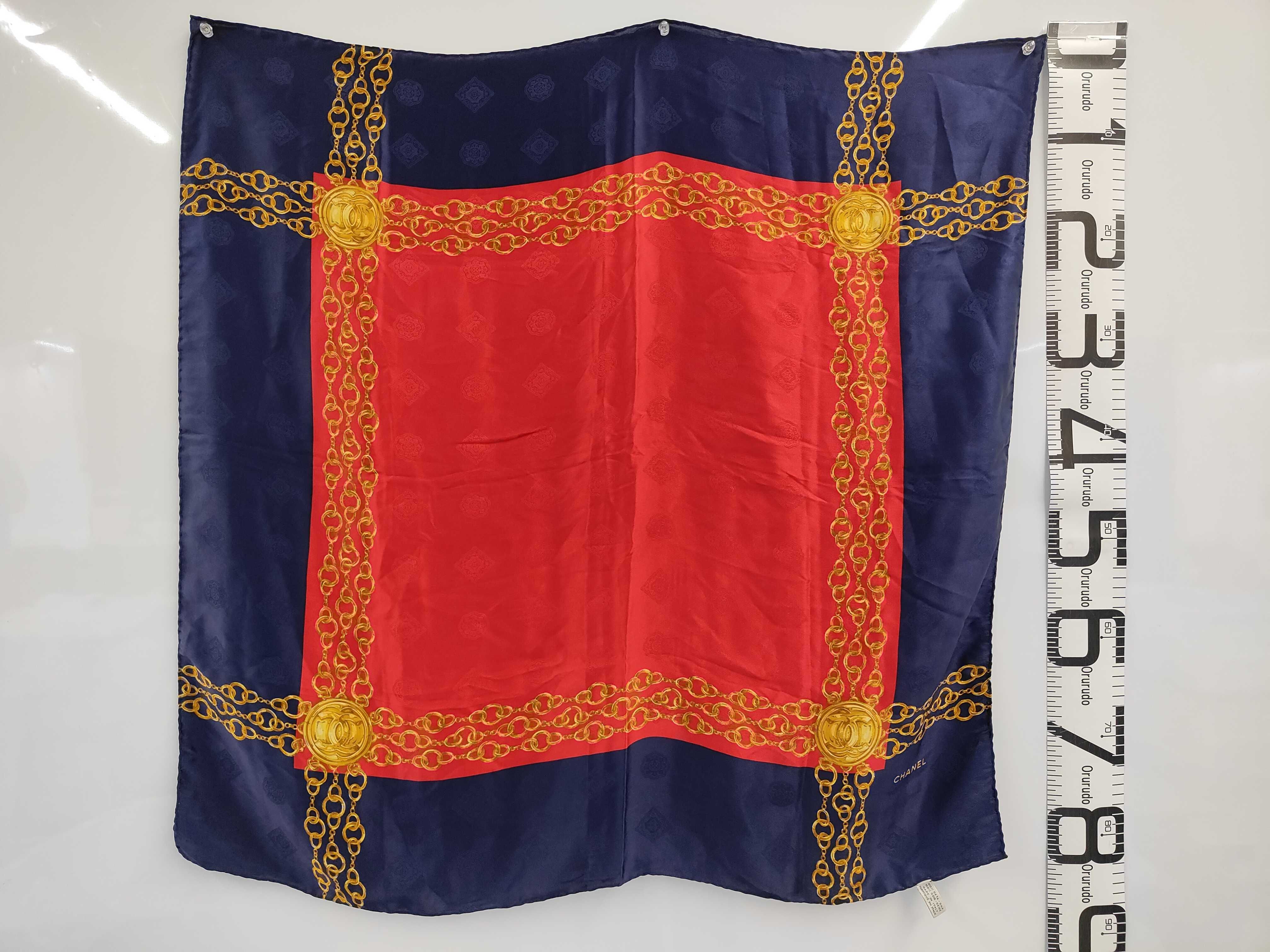 Silk Scarf, Coco Mark Chain Design, Navy/Red, Other Accessories — view 2