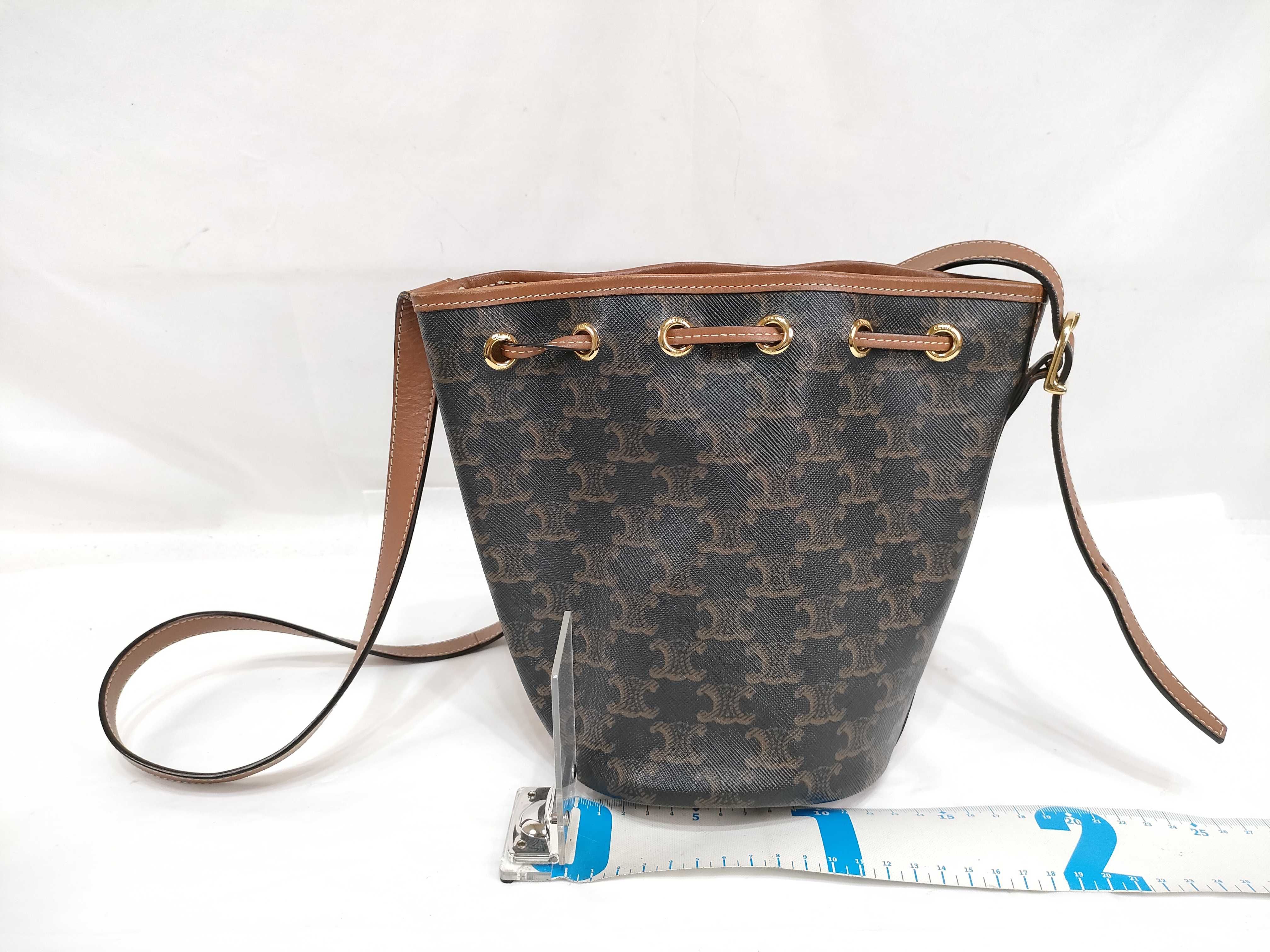Triomphe Small Drawstring Bag, PVC x Leather Shoulder Bag, Black x Brown — view 2
