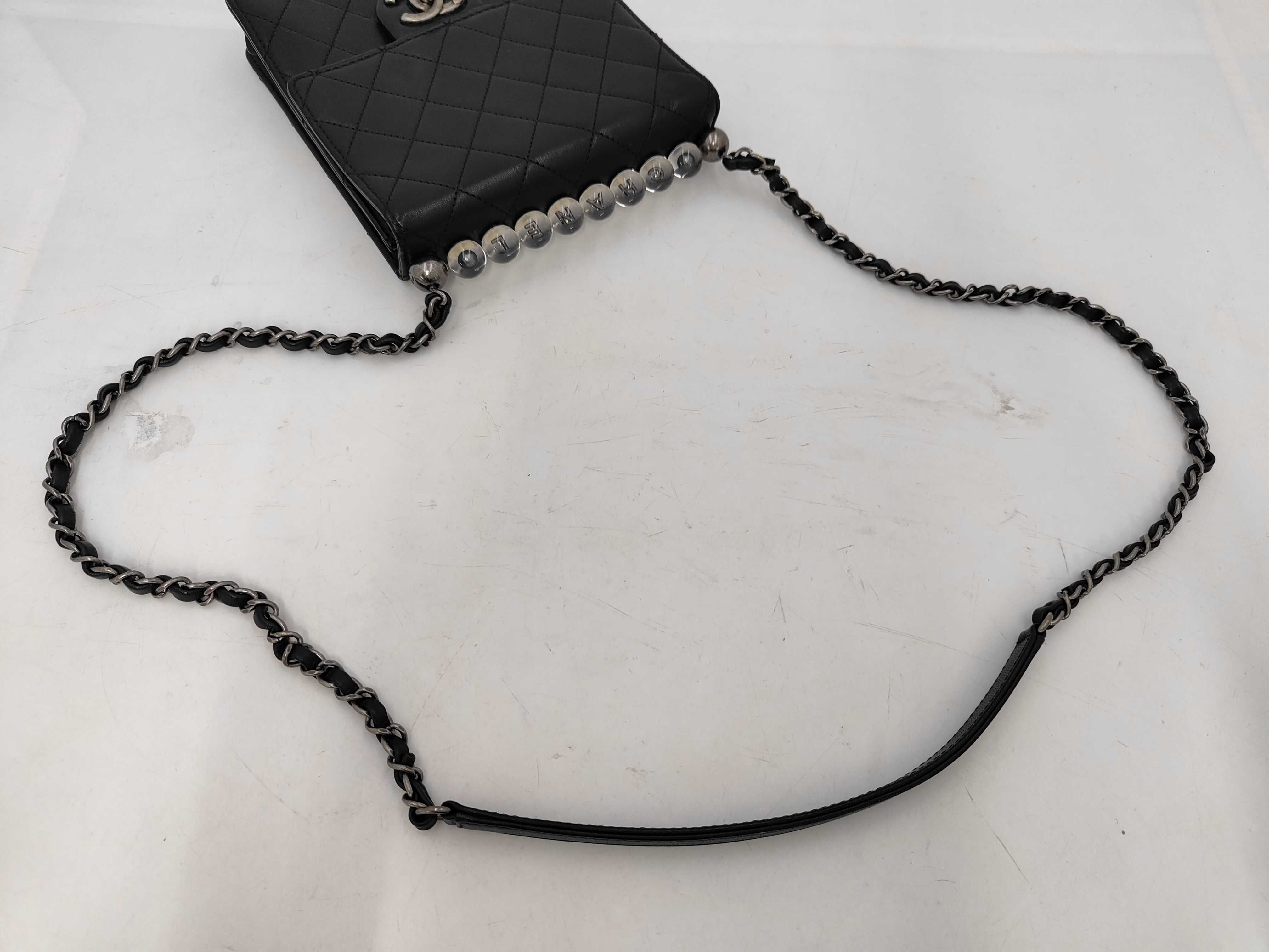 Chic Pearl Matelassé Mini Flap Bag, Black Lambskin, Logo, Beaded Handle, Silver Hardware, Shoulder Bag — view 3