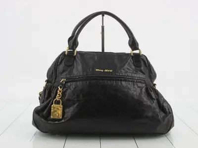 Leather 2-Way Tote Bag with Padlock Charm, Black