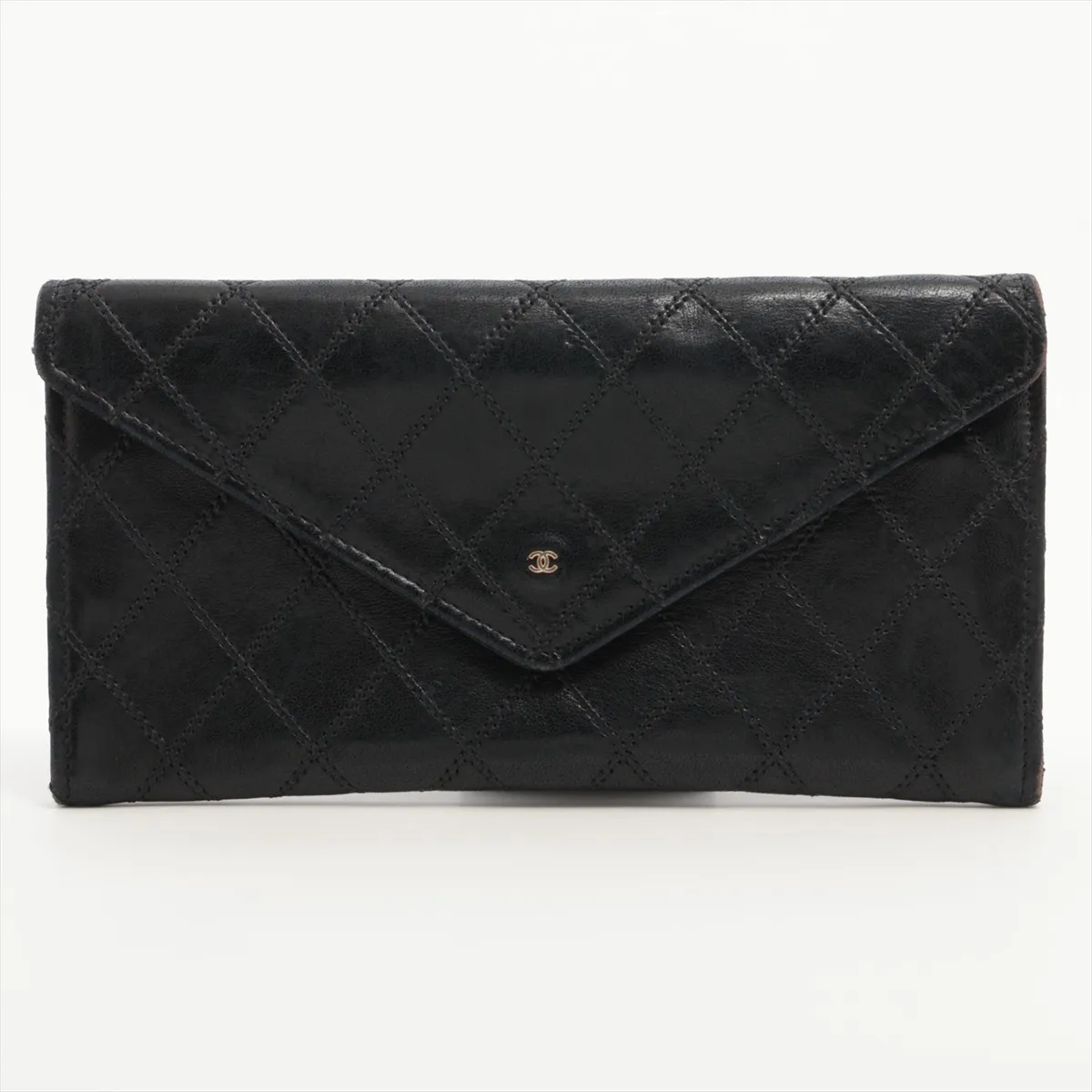 Bicolore Leather Long Wallet, Black with Gold Hardware, Serial Sticker
