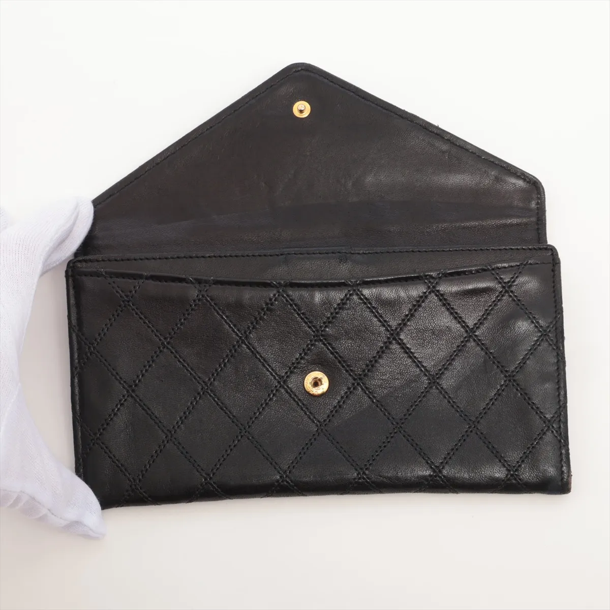 Bicolore Leather Long Wallet, Black with Gold Hardware, Serial Sticker — view 3
