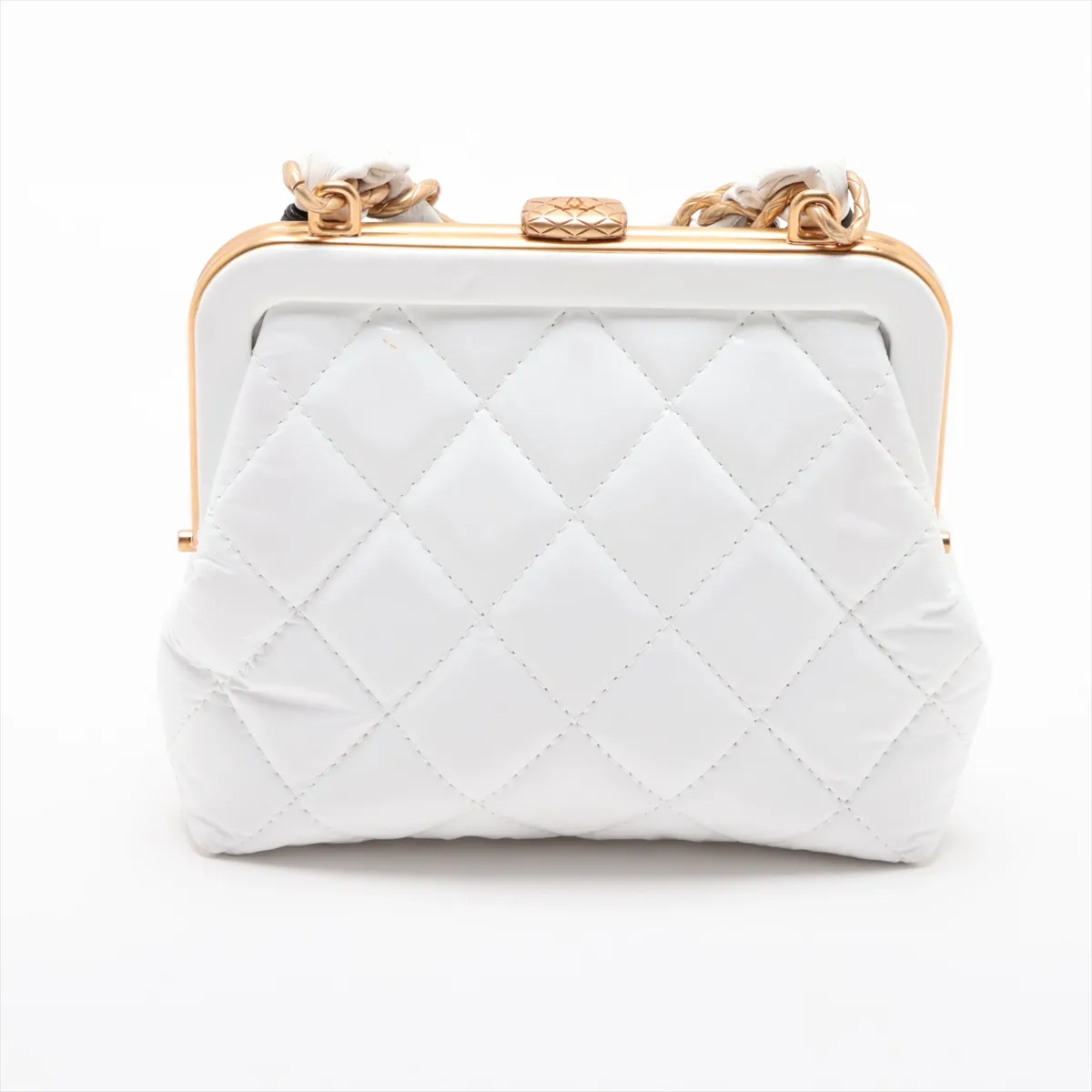 Matelassé Patent Leather Chain Shoulder Bag, Clasp Closure, Ribbon, White x Black, Gold Hardware, CN33GCX6, Random Serial Number — view 2