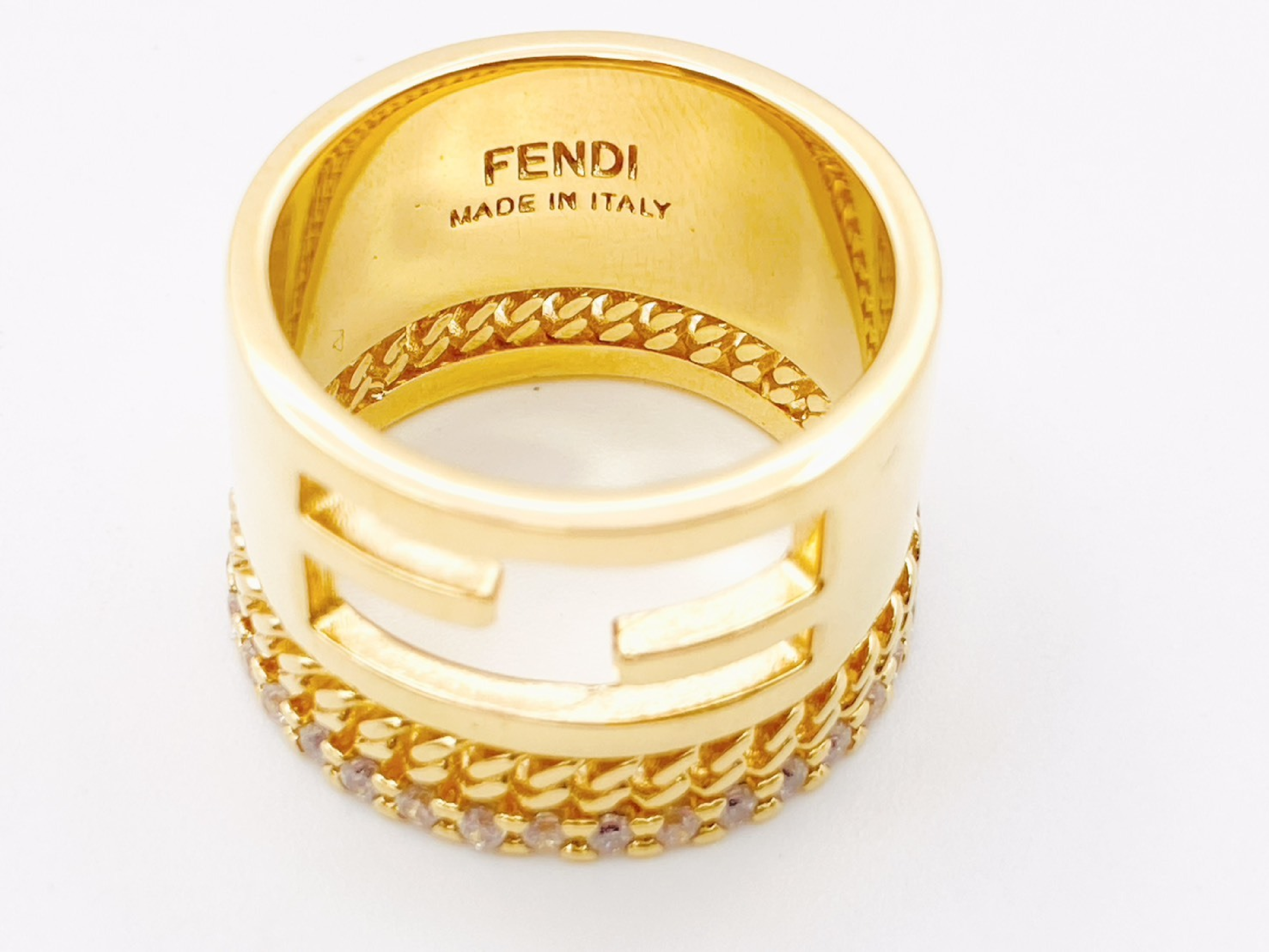 F-logo Baguette Rhinestone Chain Wide Ring #M Gold Ring — view 3