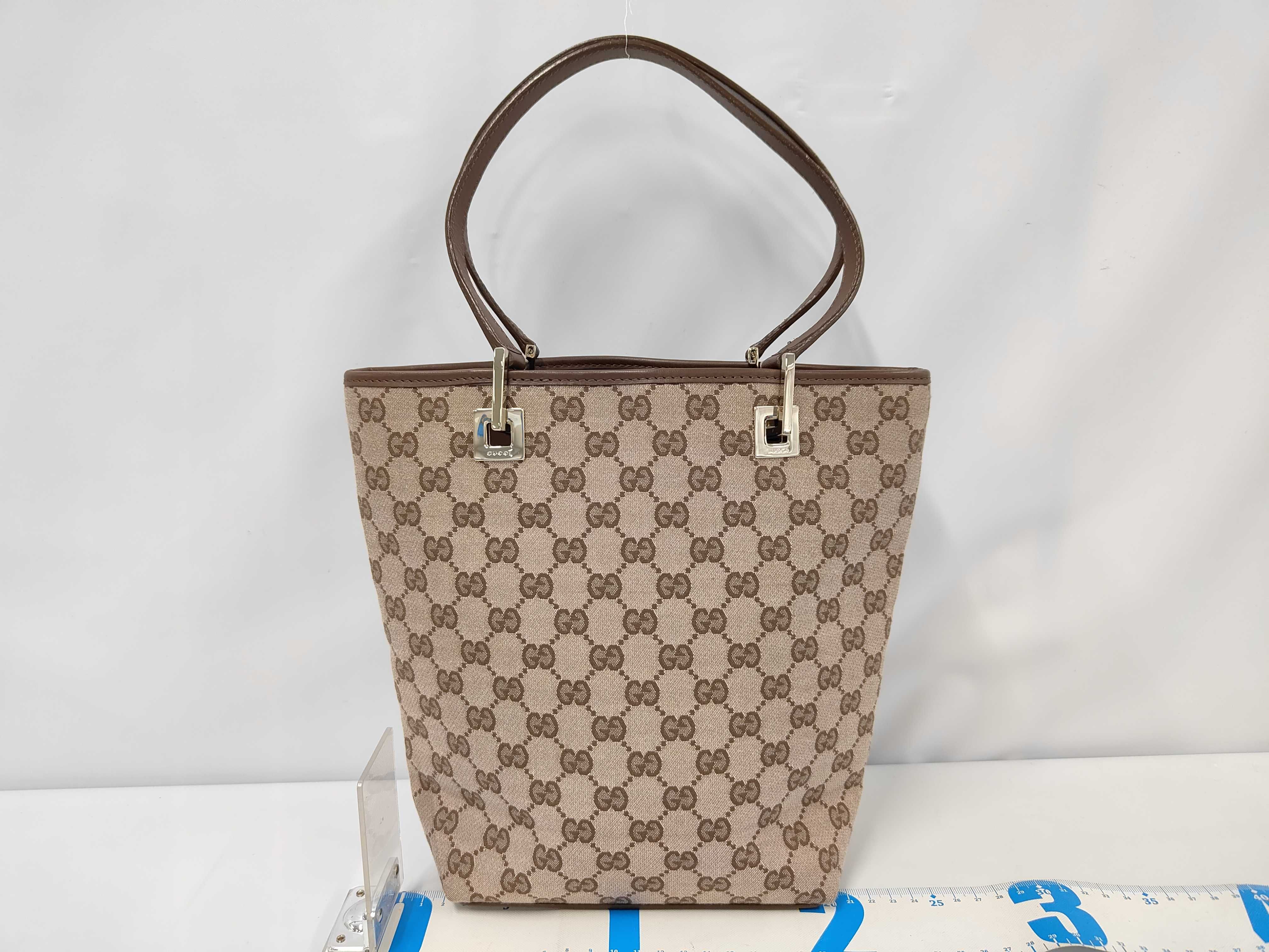 GG Canvas x Leather Square Tote Bag, Brown, Metal Logo Hardware, Handbag — view 2