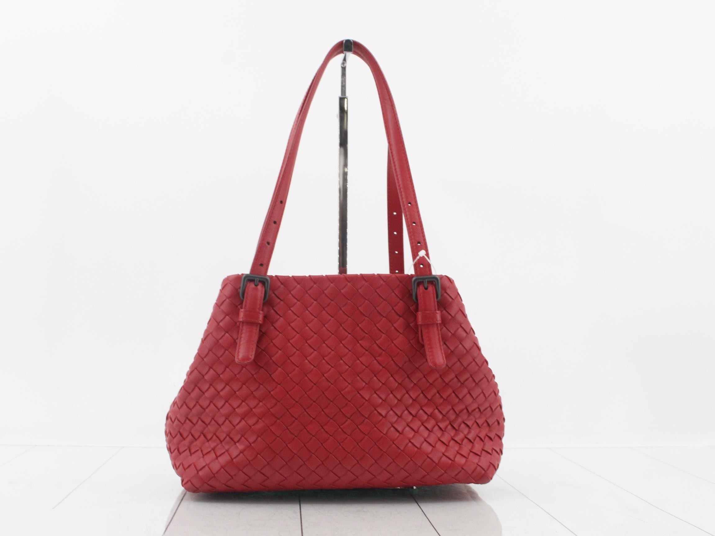 Intrecciato Leather Semi-Shoulder Bag, Red — view 2
