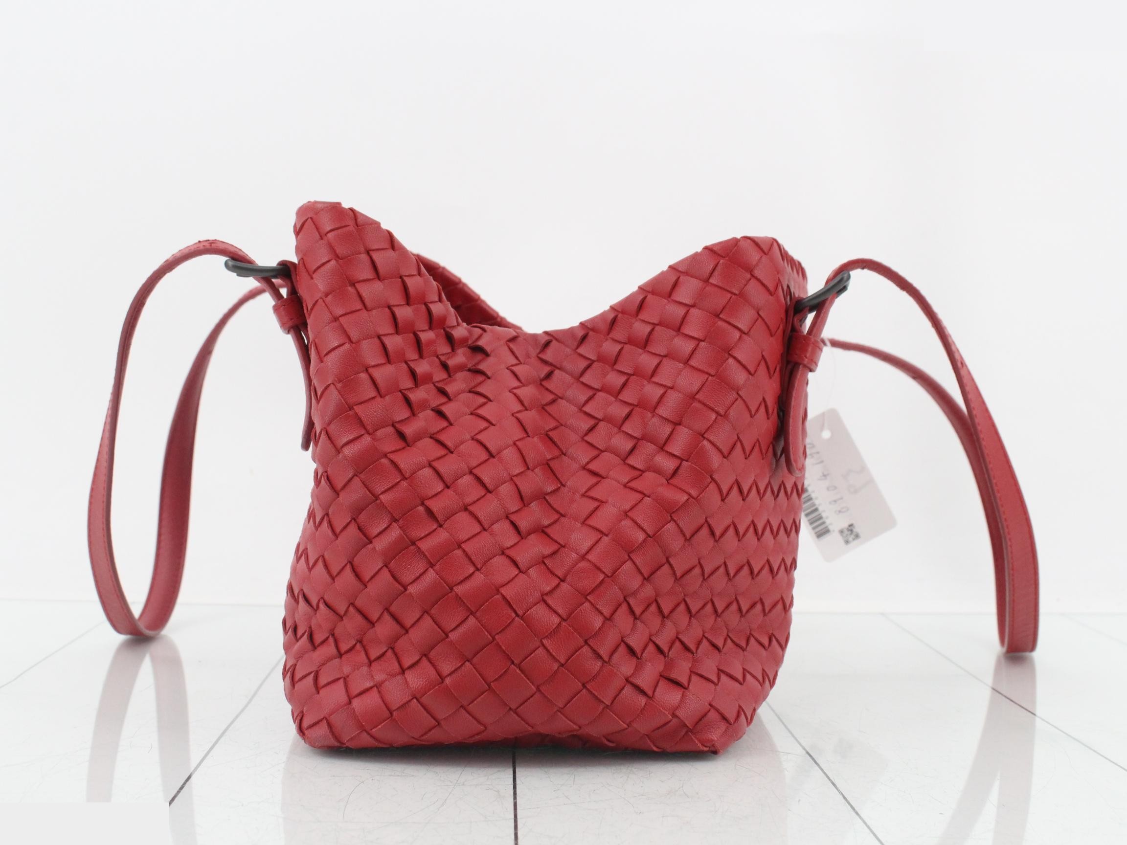 Intrecciato Leather Semi-Shoulder Bag, Red — view 3