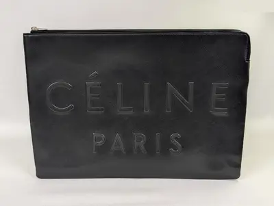 Leather CELINE logo clutch bag, black