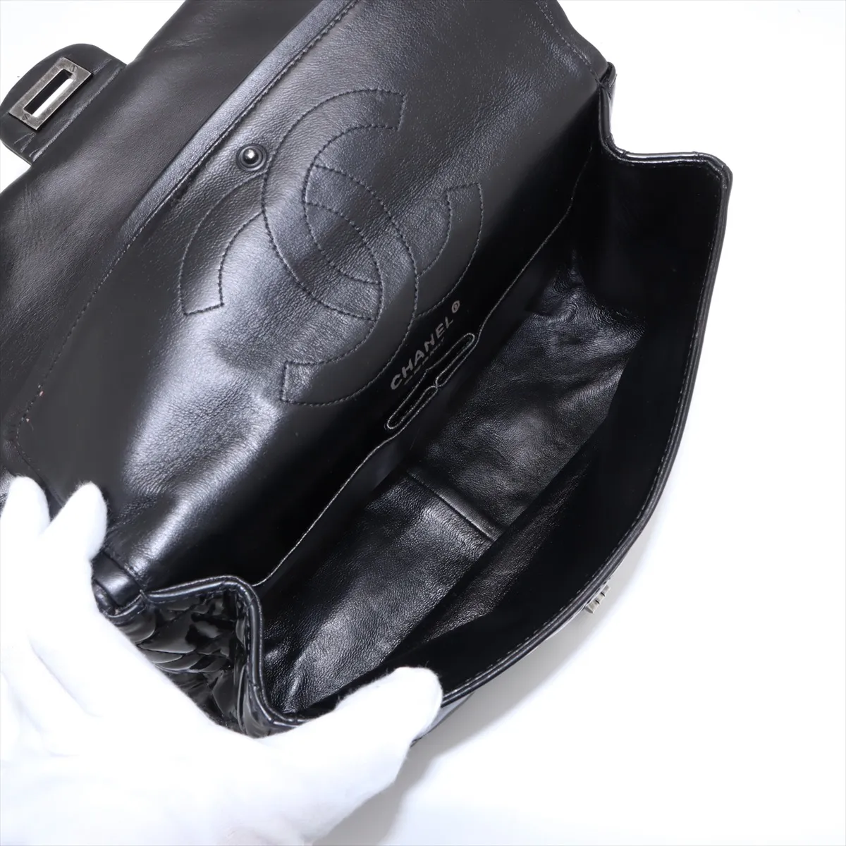 Matelasse 2.55 Patent leather double flap double chain bag black silver hardware 14966940 14th series — view 7