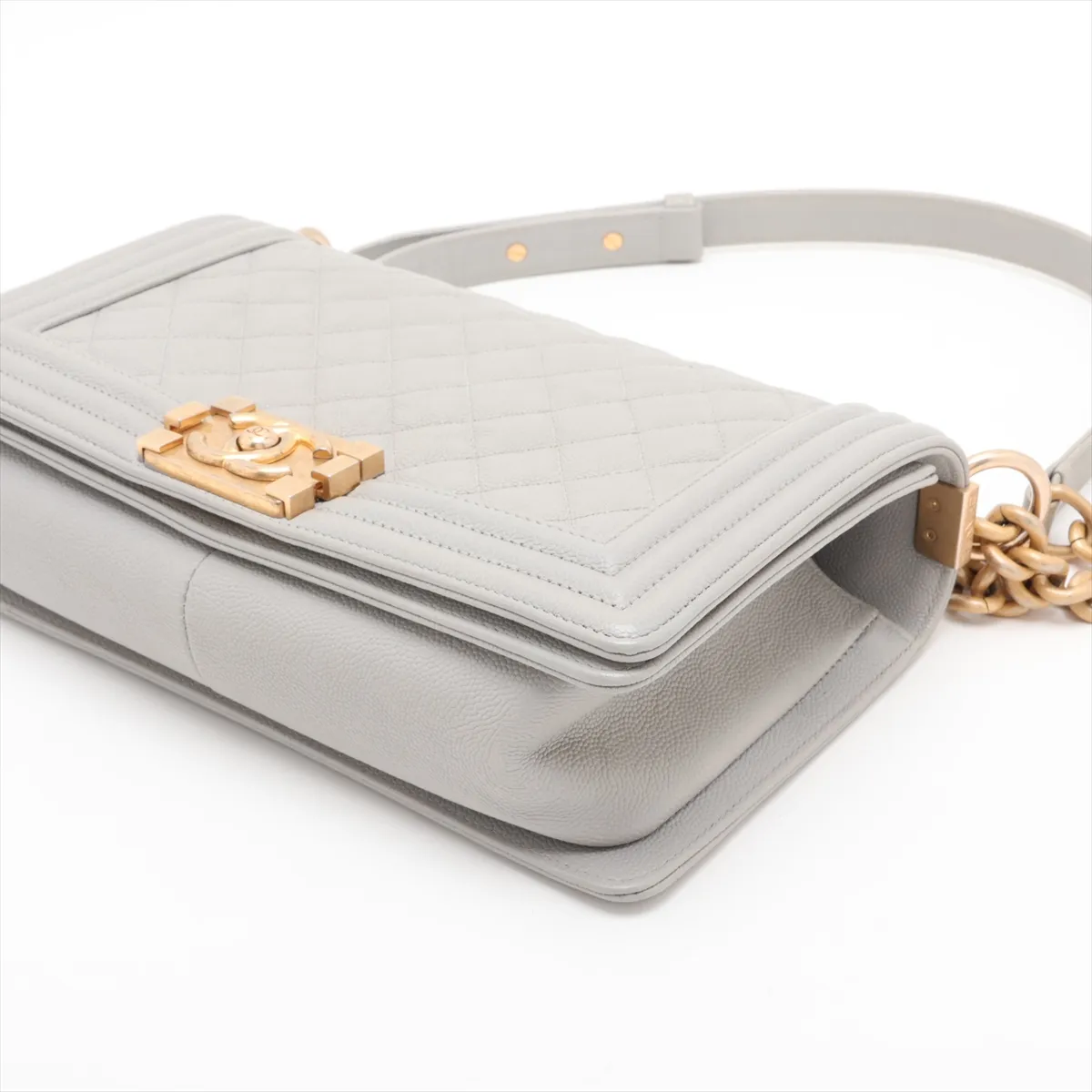 Boy Chanel 25 Caviar Skin Chain Shoulder Bag, Gray with Gold Hardware, 25477429, Serial Number 25-series, A67086 — view 3