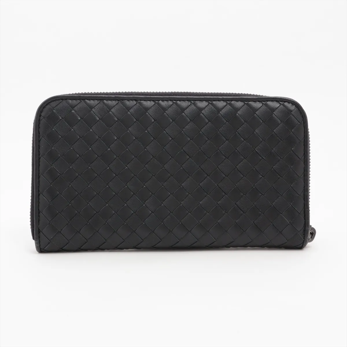 Intrecciato Leather Round Zip Wallet, Black — view 2