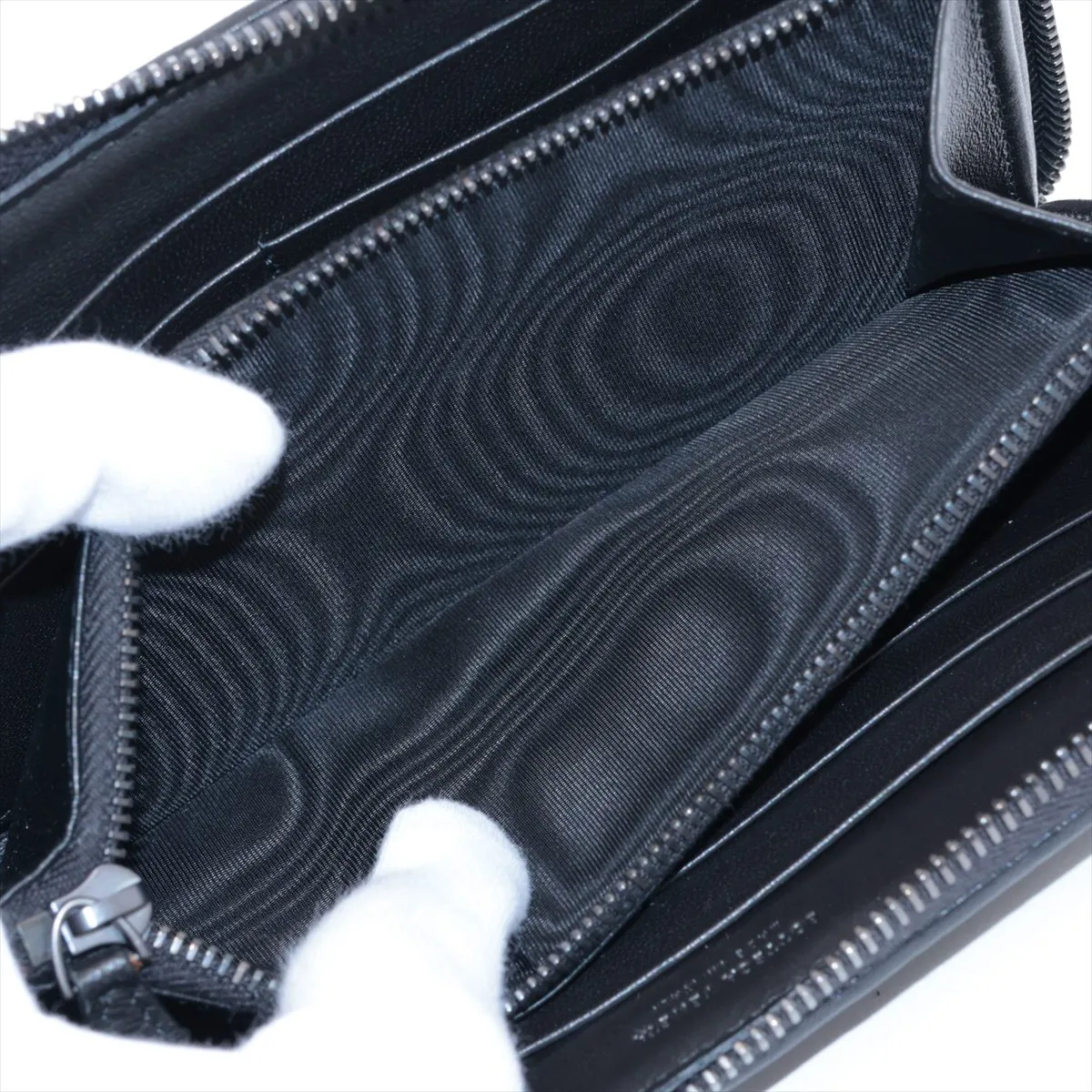 Intrecciato Leather Round Zip Wallet, Black — view 8