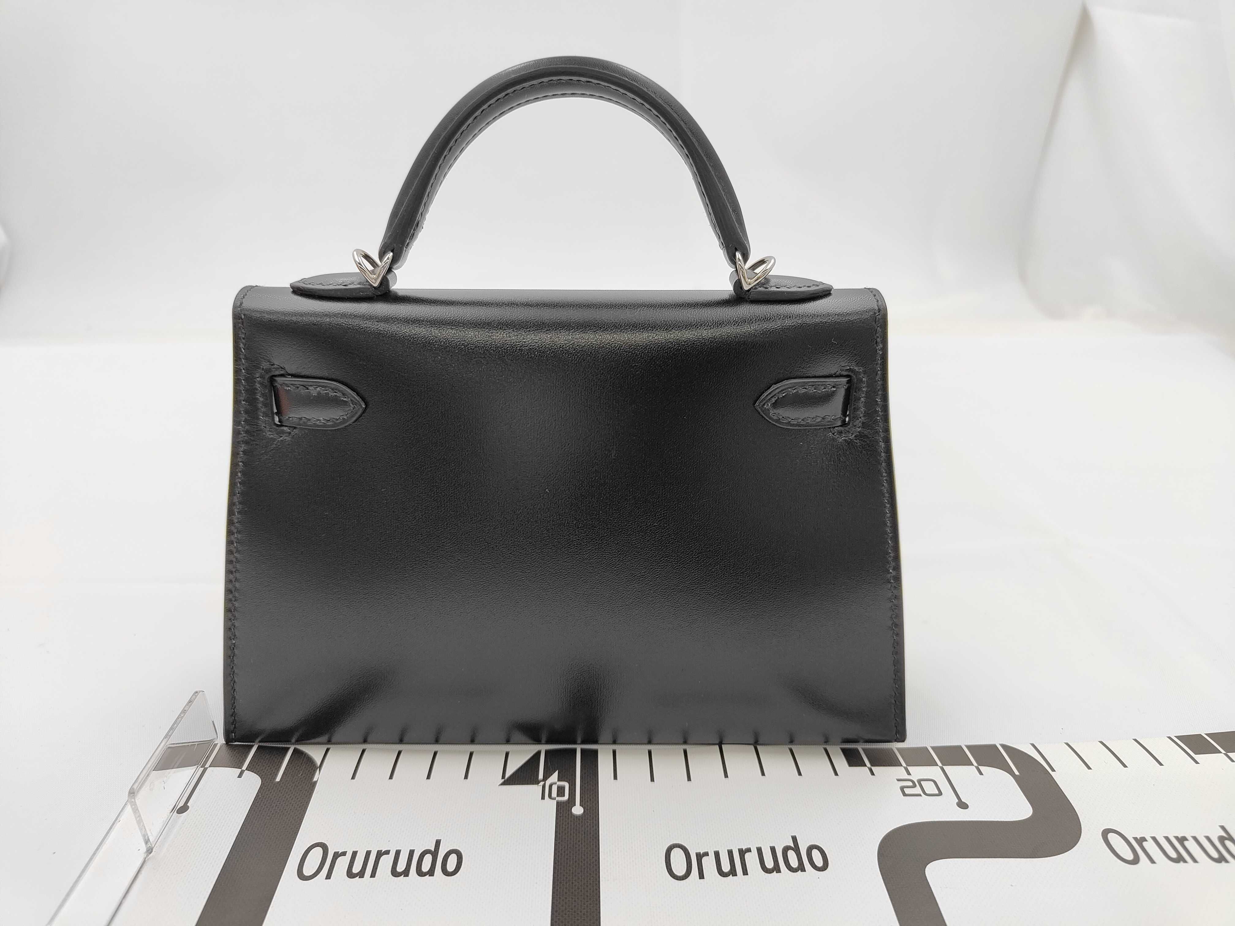 Mini Kelly Box Calf Leather Handbag, Black, Silver Hardware, G Stamp — view 2