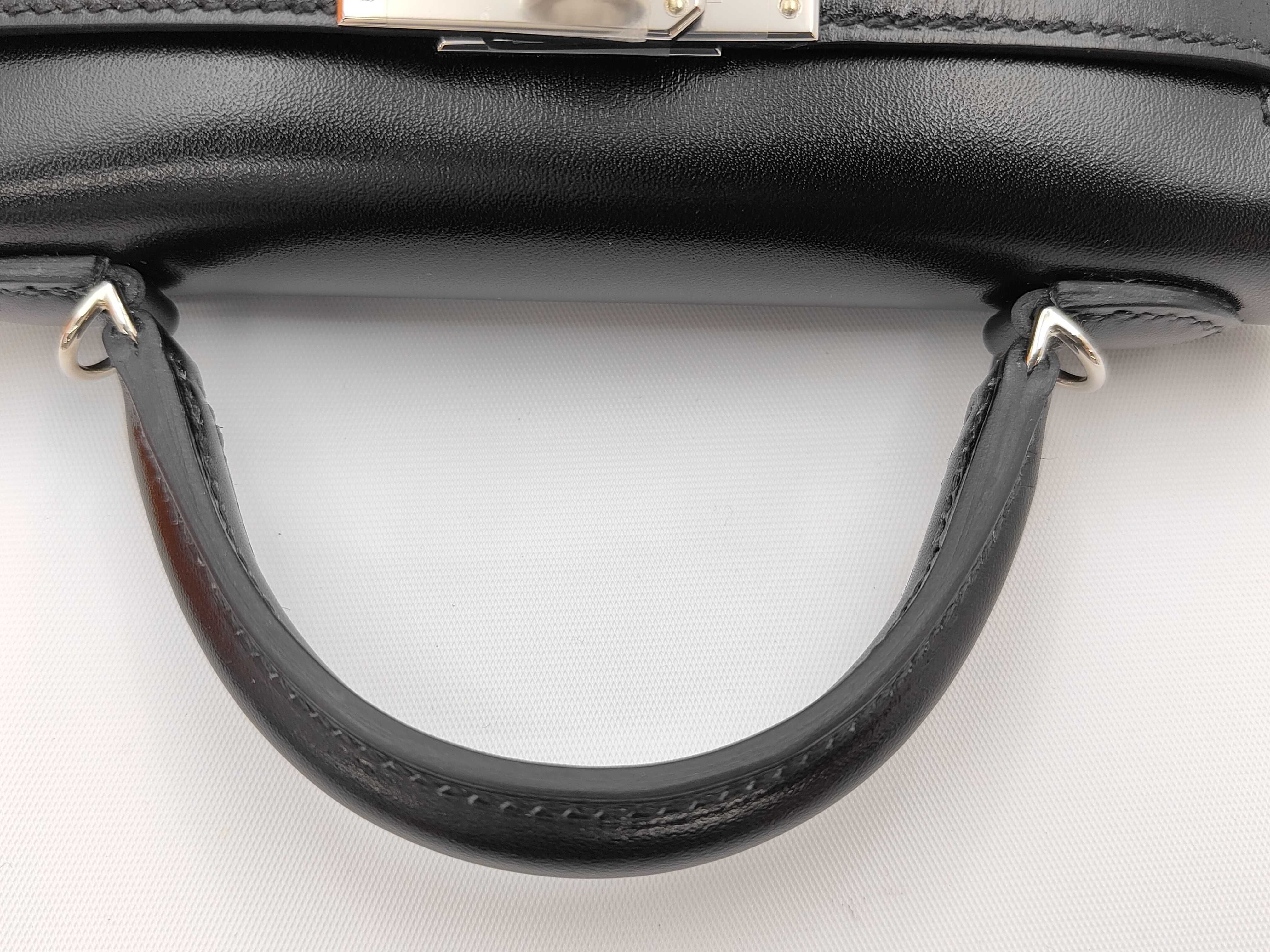 Mini Kelly Box Calf Leather Handbag, Black, Silver Hardware, G Stamp — view 3