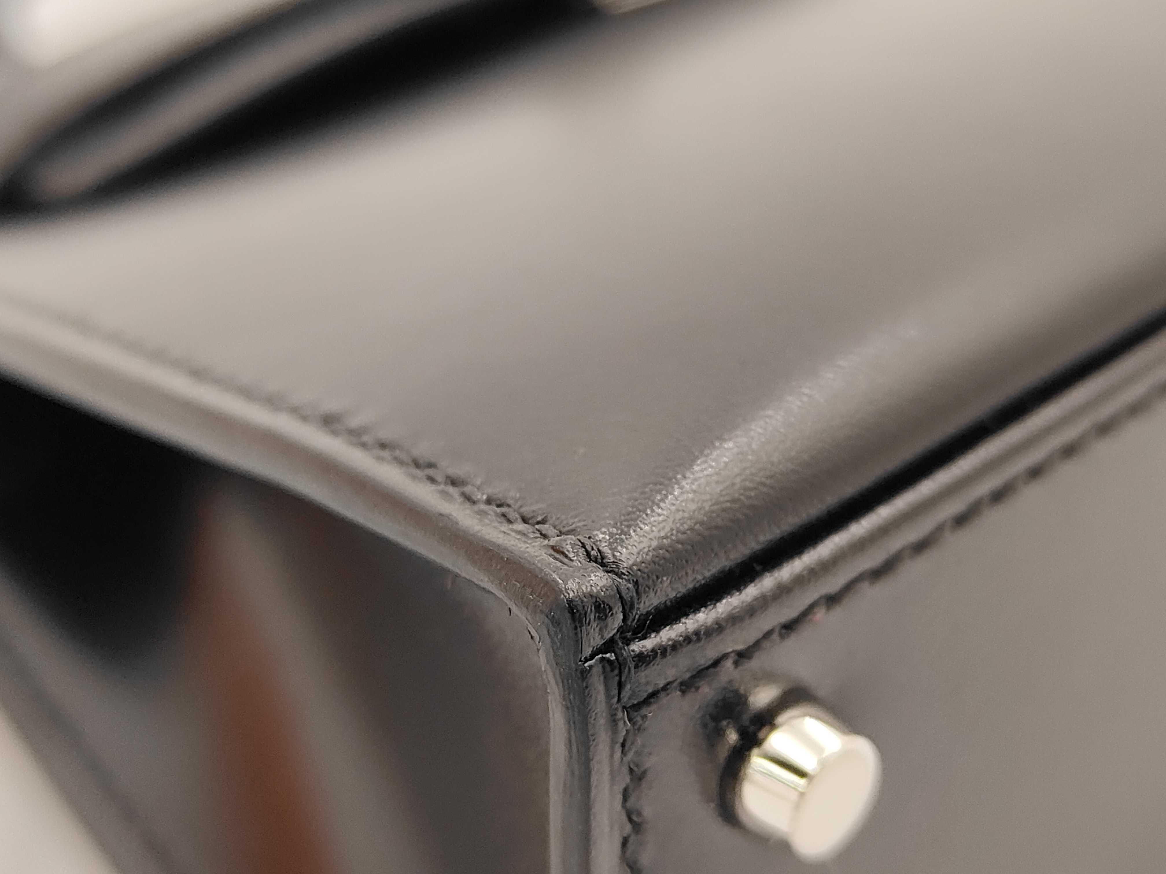 Mini Kelly Box Calf Leather Handbag, Black, Silver Hardware, G Stamp — view 6
