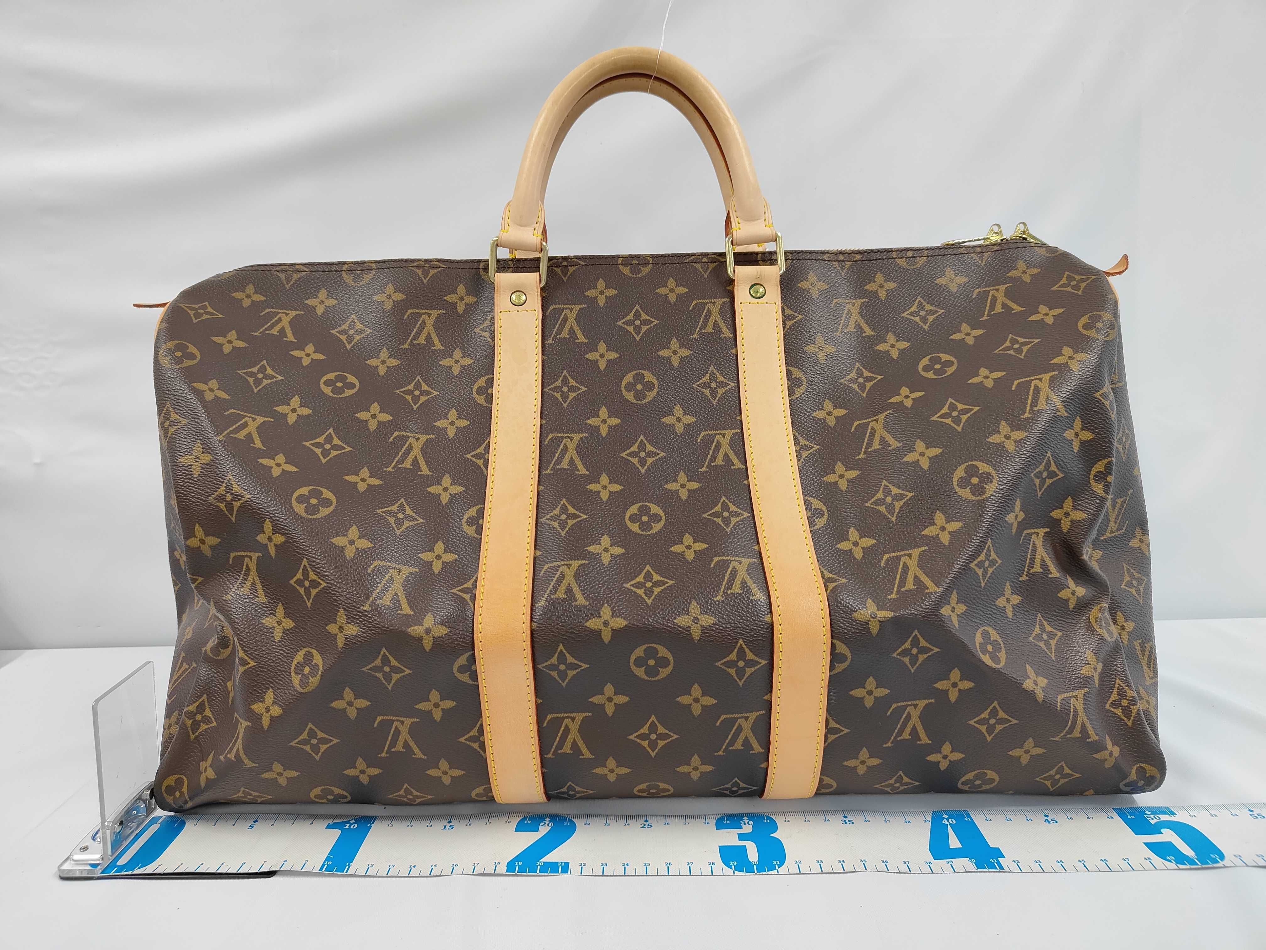 Monogram Keepall 50 M41426 Shoulder Bag with Padlock, Name Tag, and Handle Strap. *Leather stains present. M41426 TH0053 Boston Bag — view 2