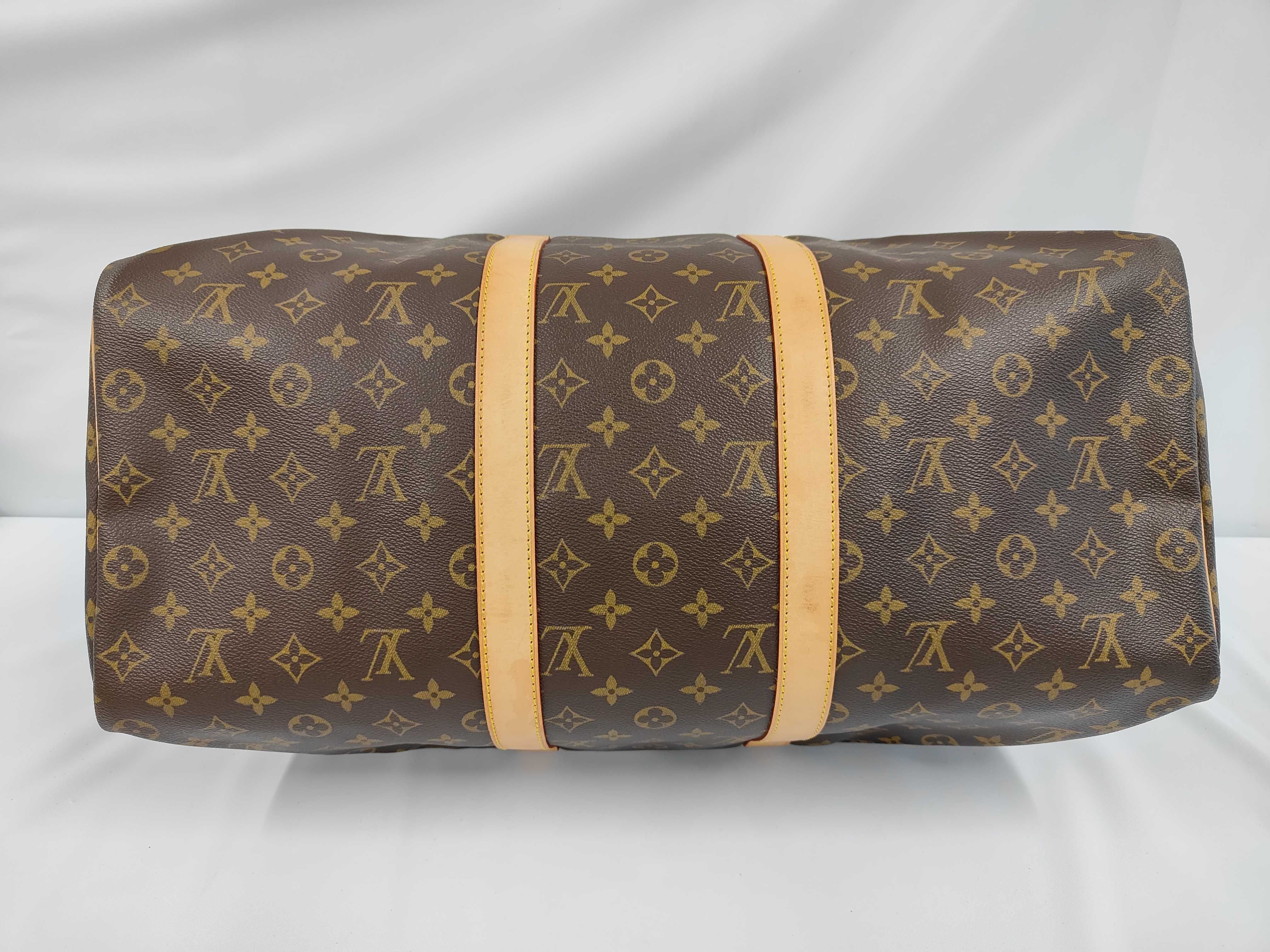 Monogram Keepall 50 M41426 Shoulder Bag with Padlock, Name Tag, and Handle Strap. *Leather stains present. M41426 TH0053 Boston Bag — view 3