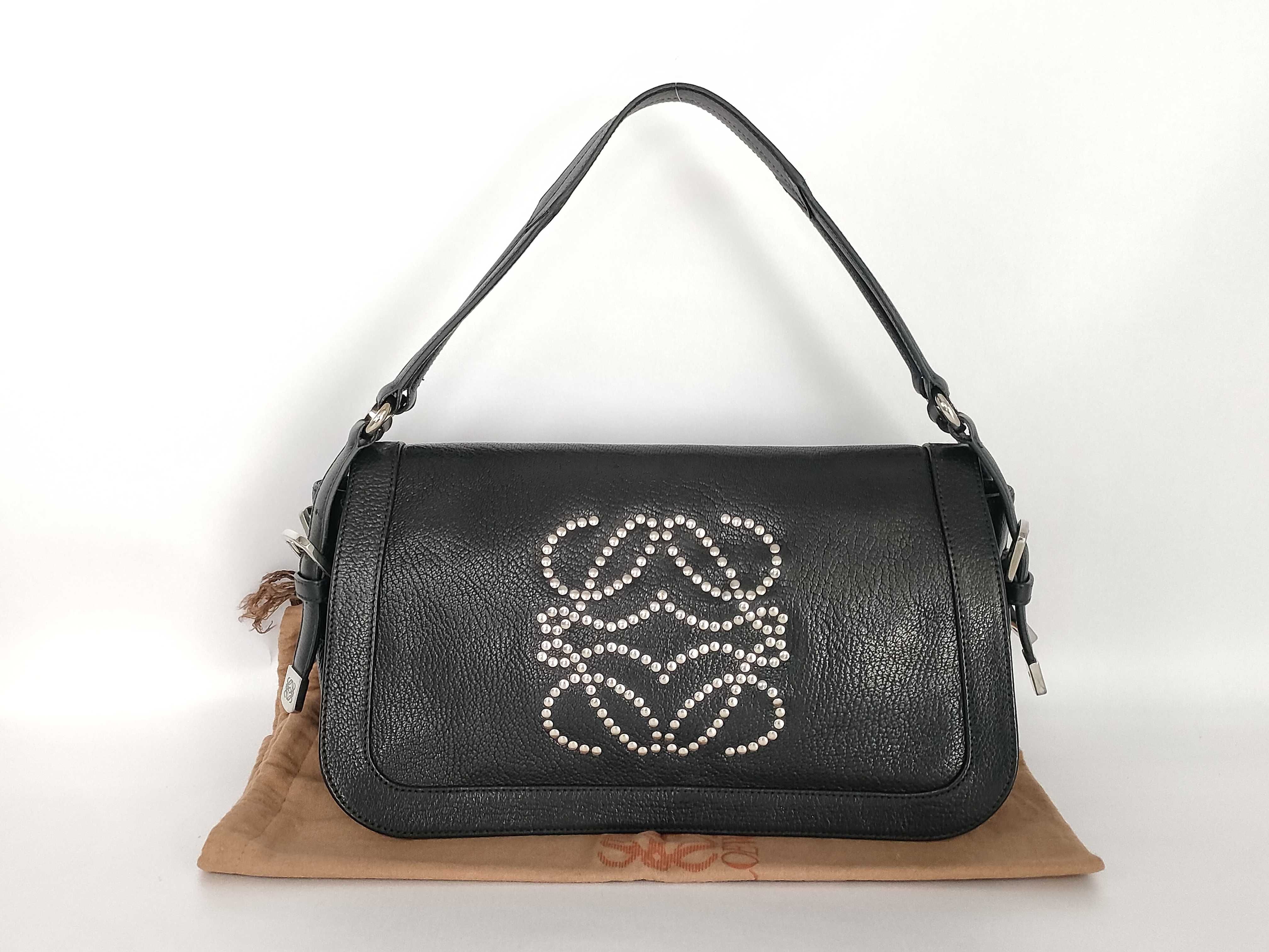 Anagram Studded Black Leather Shoulder Bag