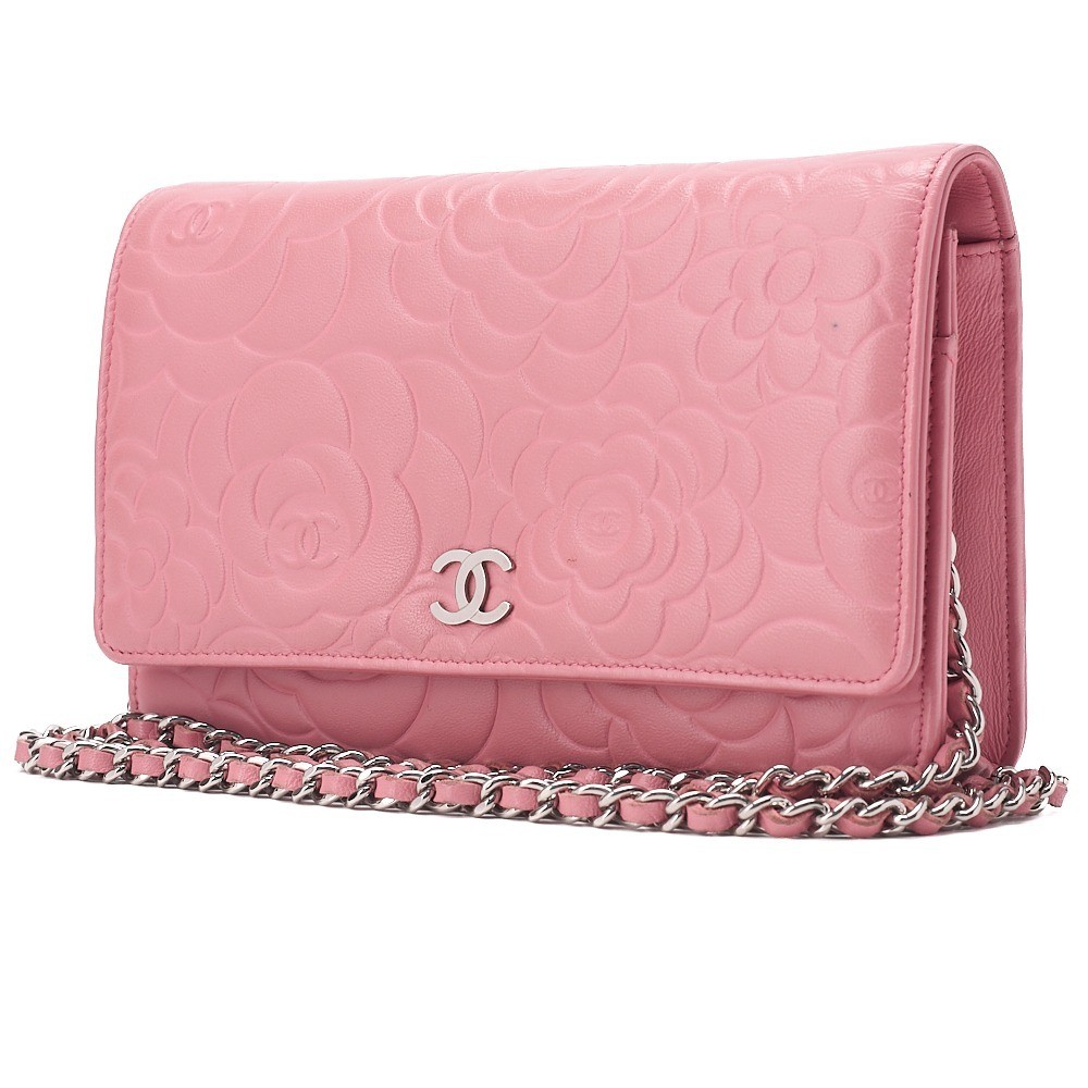Lambskin Camellia Chain Wallet, Pink — view 2