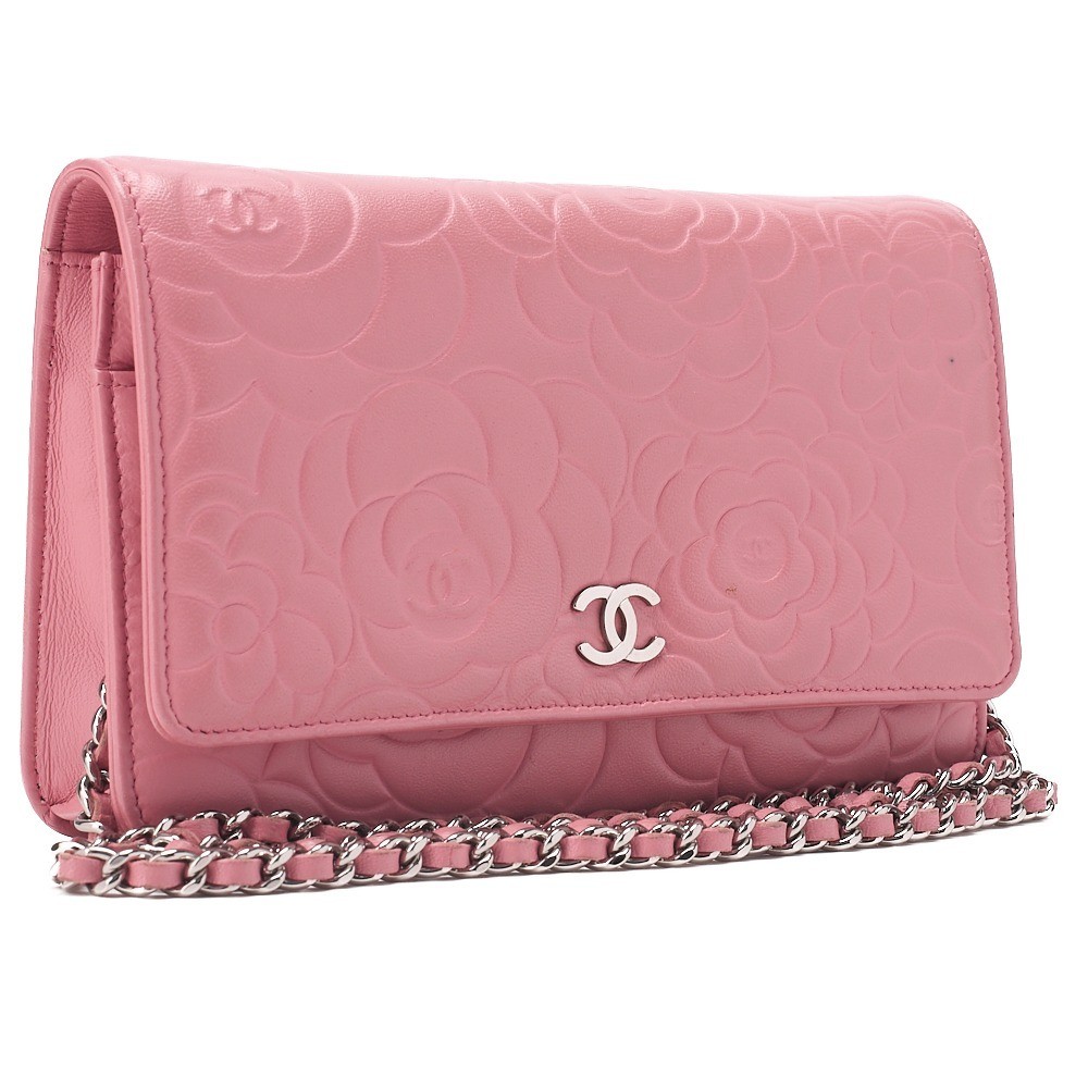 Lambskin Camellia Chain Wallet, Pink — view 3