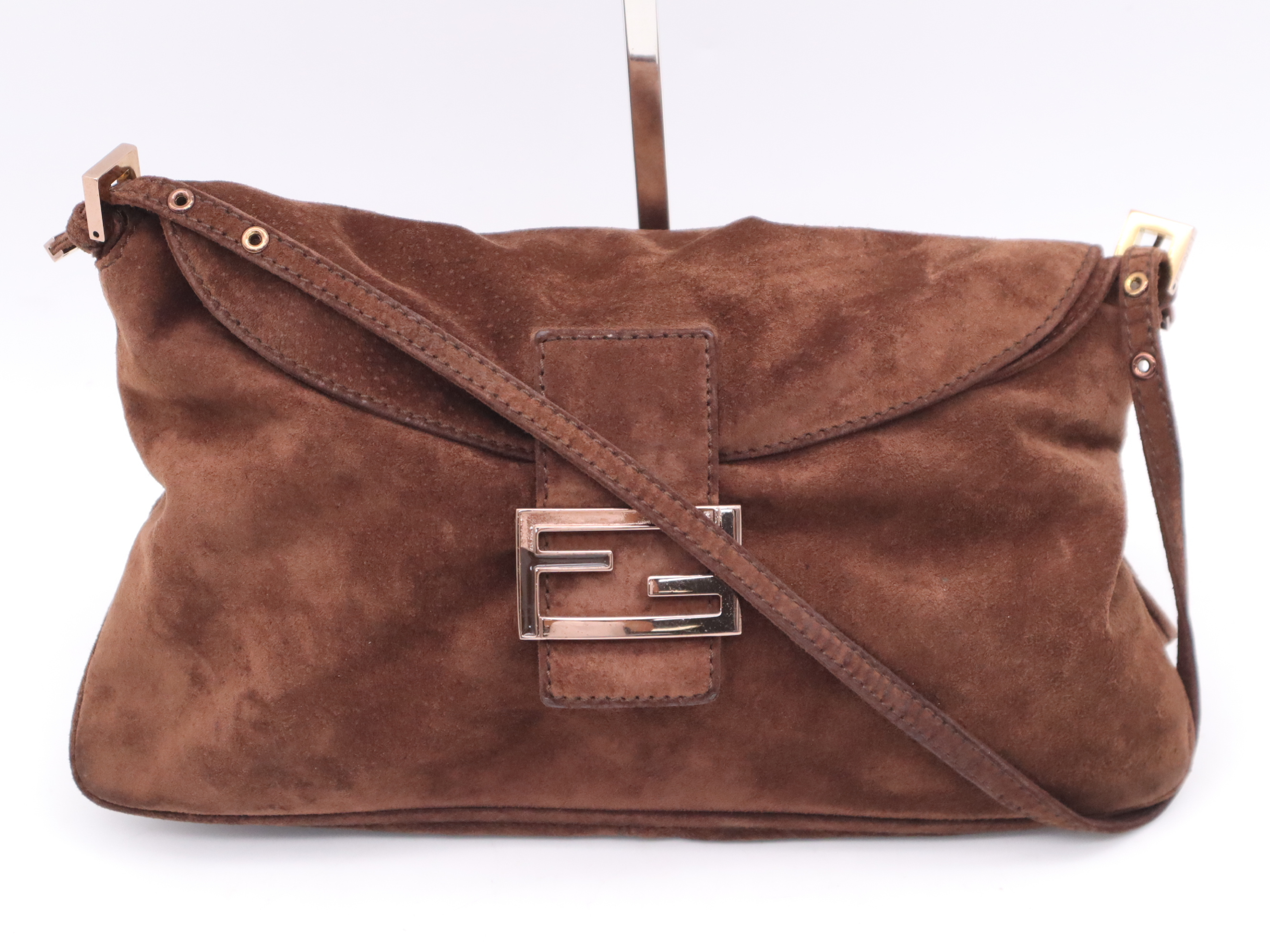 Suede Handbag, Zucca Logo, Brown, Pink Gold Hardware