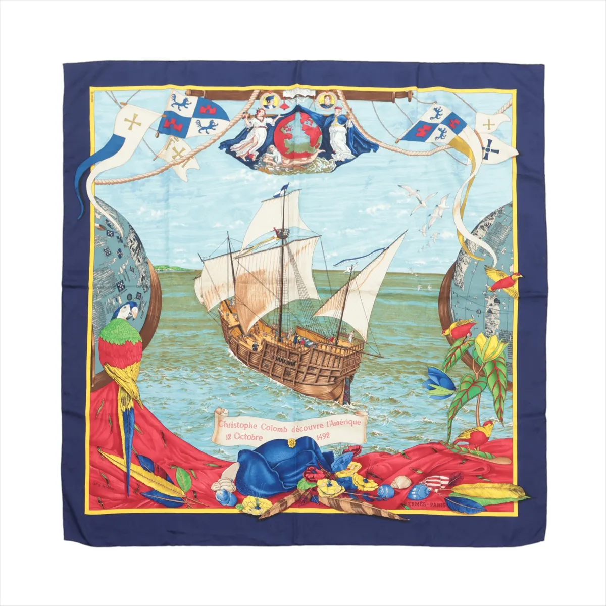Carre 90 Christophe Columbus scarf, silk, navy. Shows wear,