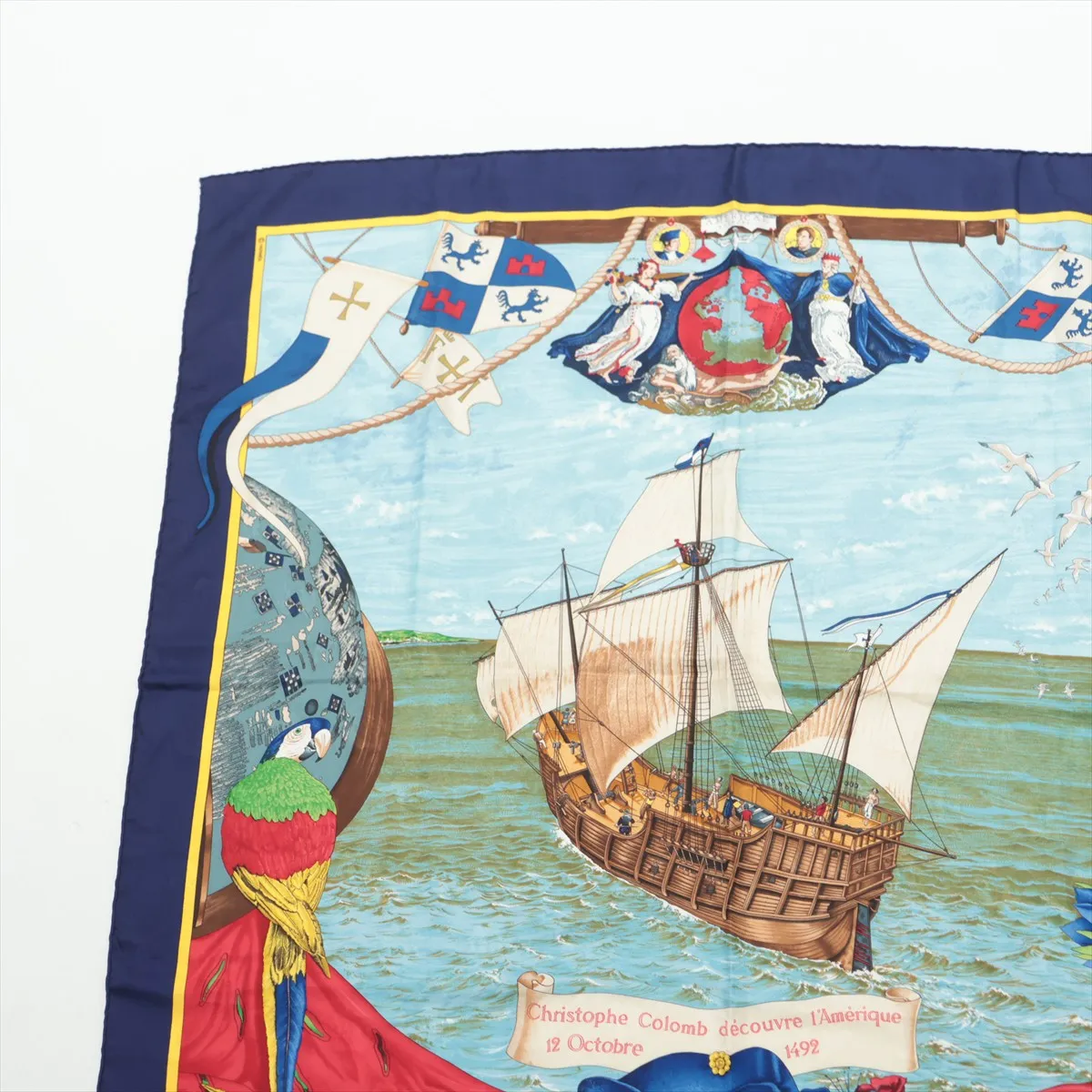 Carre 90 Christophe Columbus scarf, silk, navy. Shows wear, — view 2