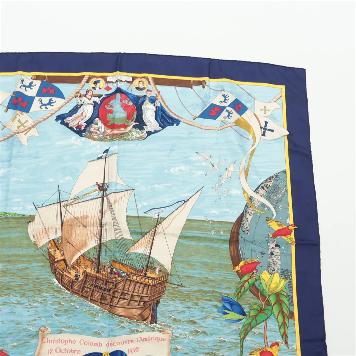 Carre 90 Christophe Columbus scarf, silk, navy. Shows wear, — view 3