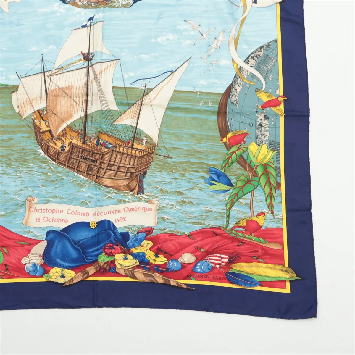Carre 90 Christophe Columbus scarf, silk, navy. Shows wear, — view 4
