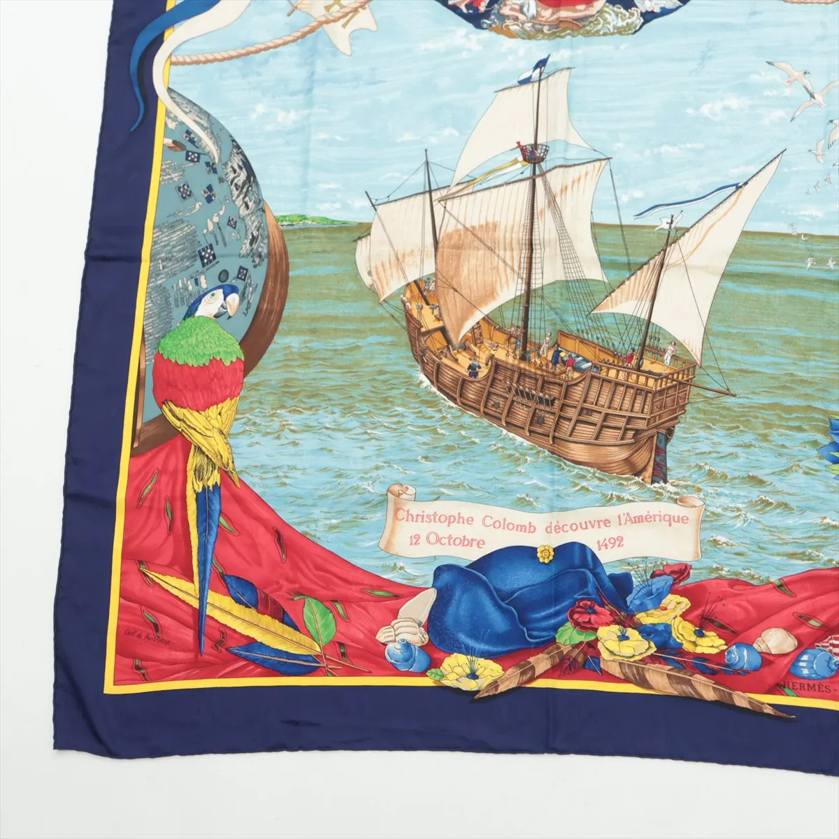 Carre 90 Christophe Columbus scarf, silk, navy. Shows wear, — view 5