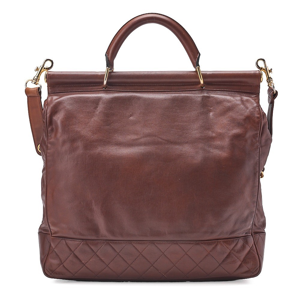 Lambskin Matelassé Tote Bag, 2-Way Chain Shoulder Bag, Brown, G — view 2