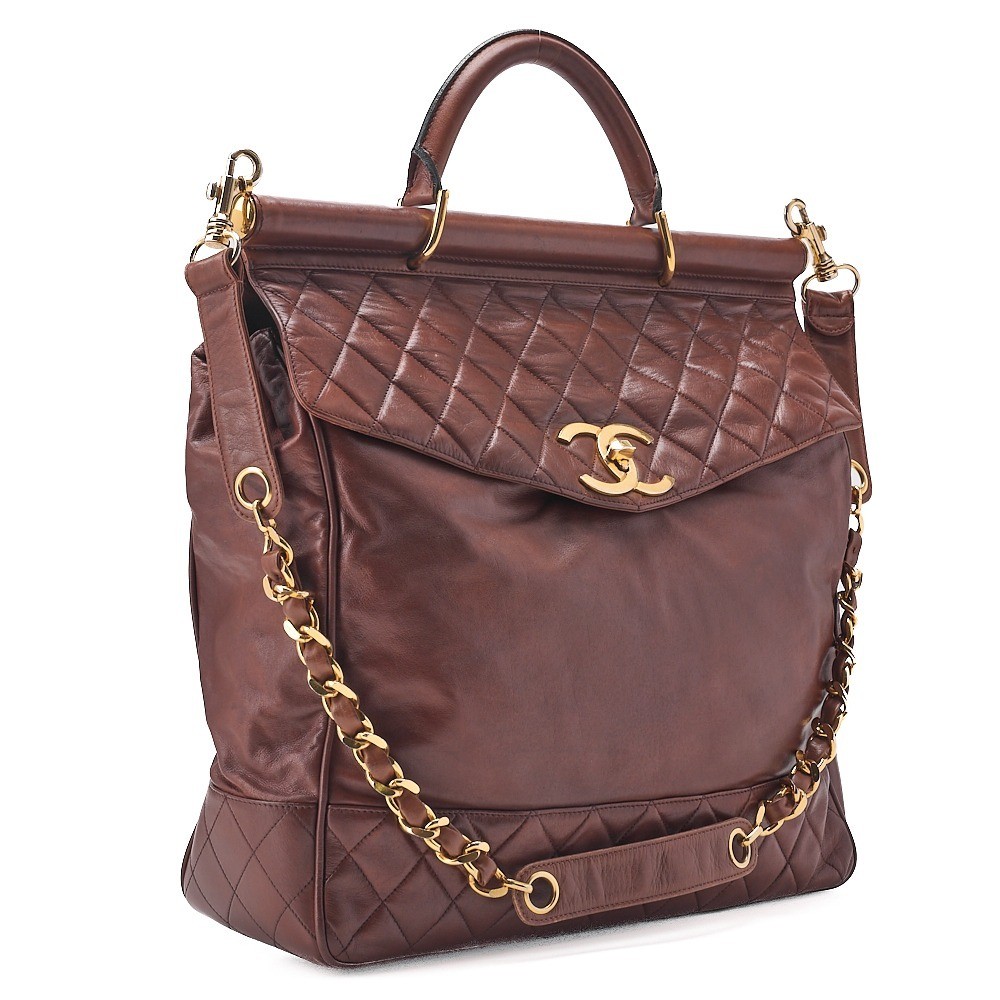 Lambskin Matelassé Tote Bag, 2-Way Chain Shoulder Bag, Brown, G — view 3