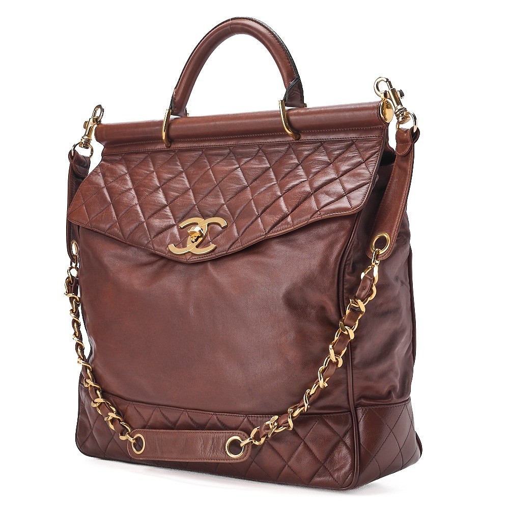 Lambskin Matelassé Tote Bag, 2-Way Chain Shoulder Bag, Brown, G — view 4