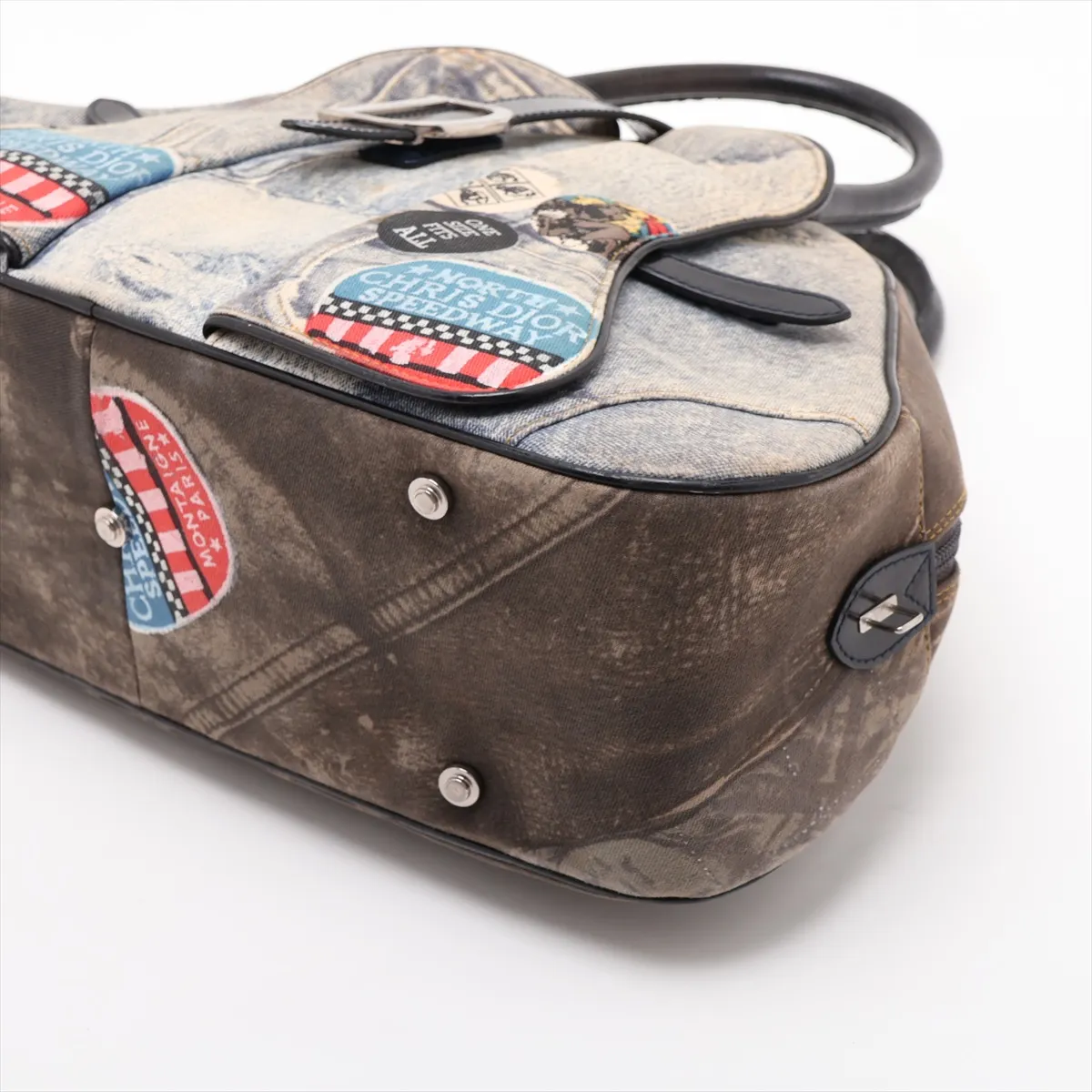 Double Saddle Denim x Patent Leather Handbag, Blue — view 3