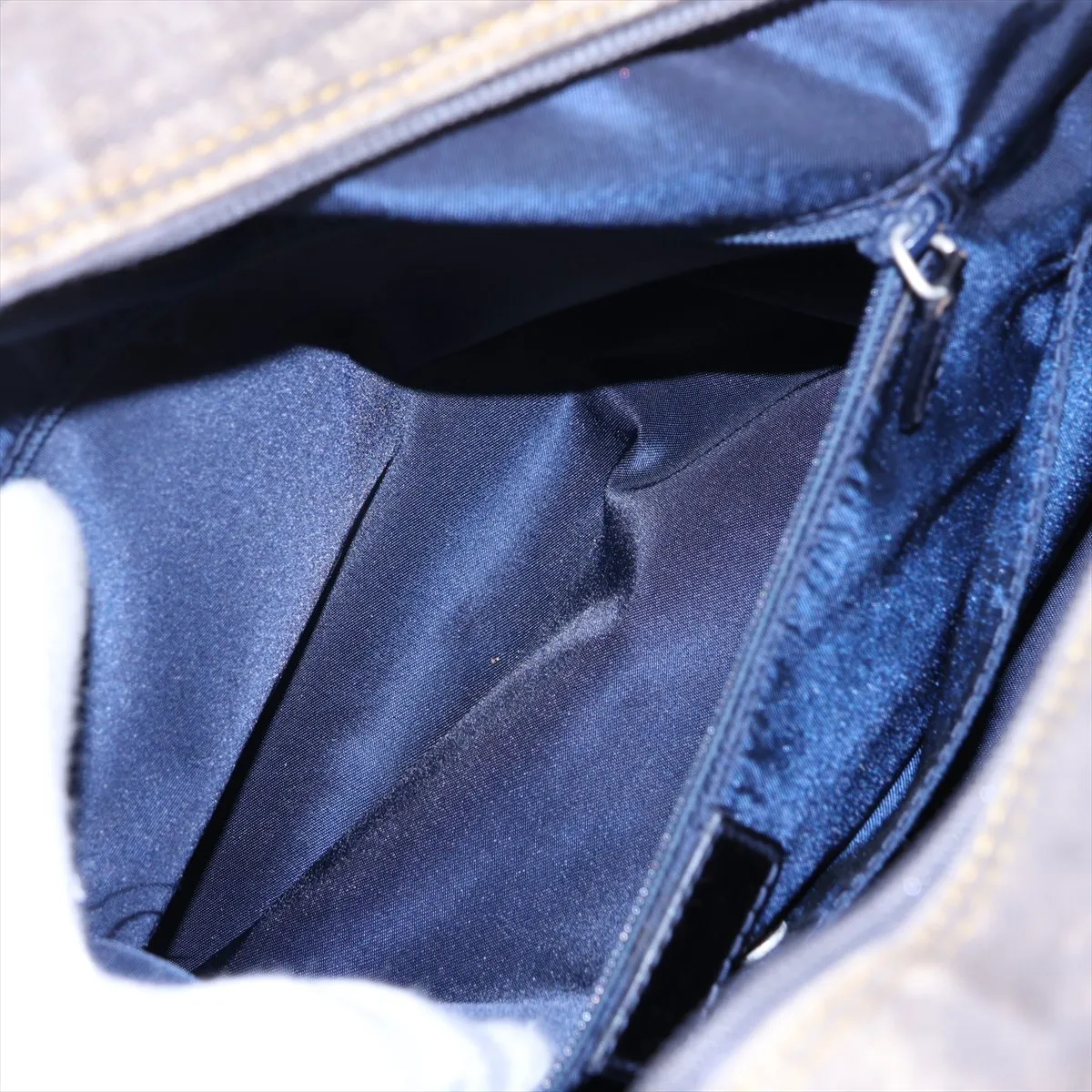 Double Saddle Denim x Patent Leather Handbag, Blue — view 8