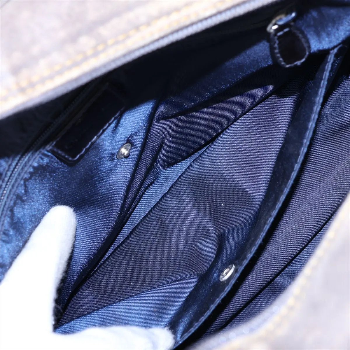 Double Saddle Denim x Patent Leather Handbag, Blue — view 9