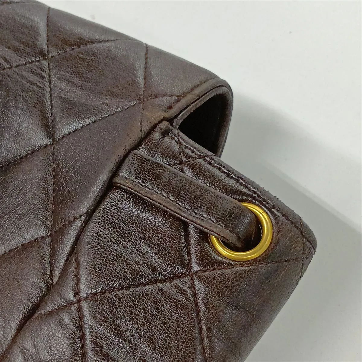 Matelassé Lambskin Chain Backpack, Brown with Gold Hardware — view 14